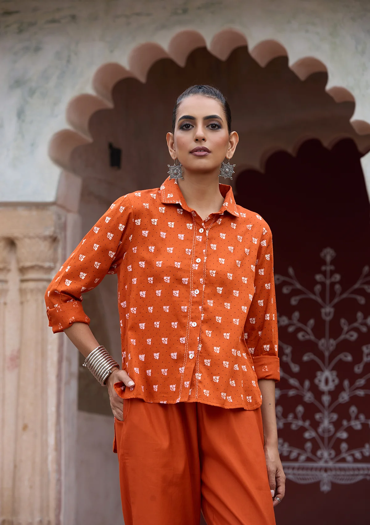 HOC Glazed Cotton Hand Block Printed with Hand Embroidery Women's 2 PC Co-ord Set - Orange - Healthber