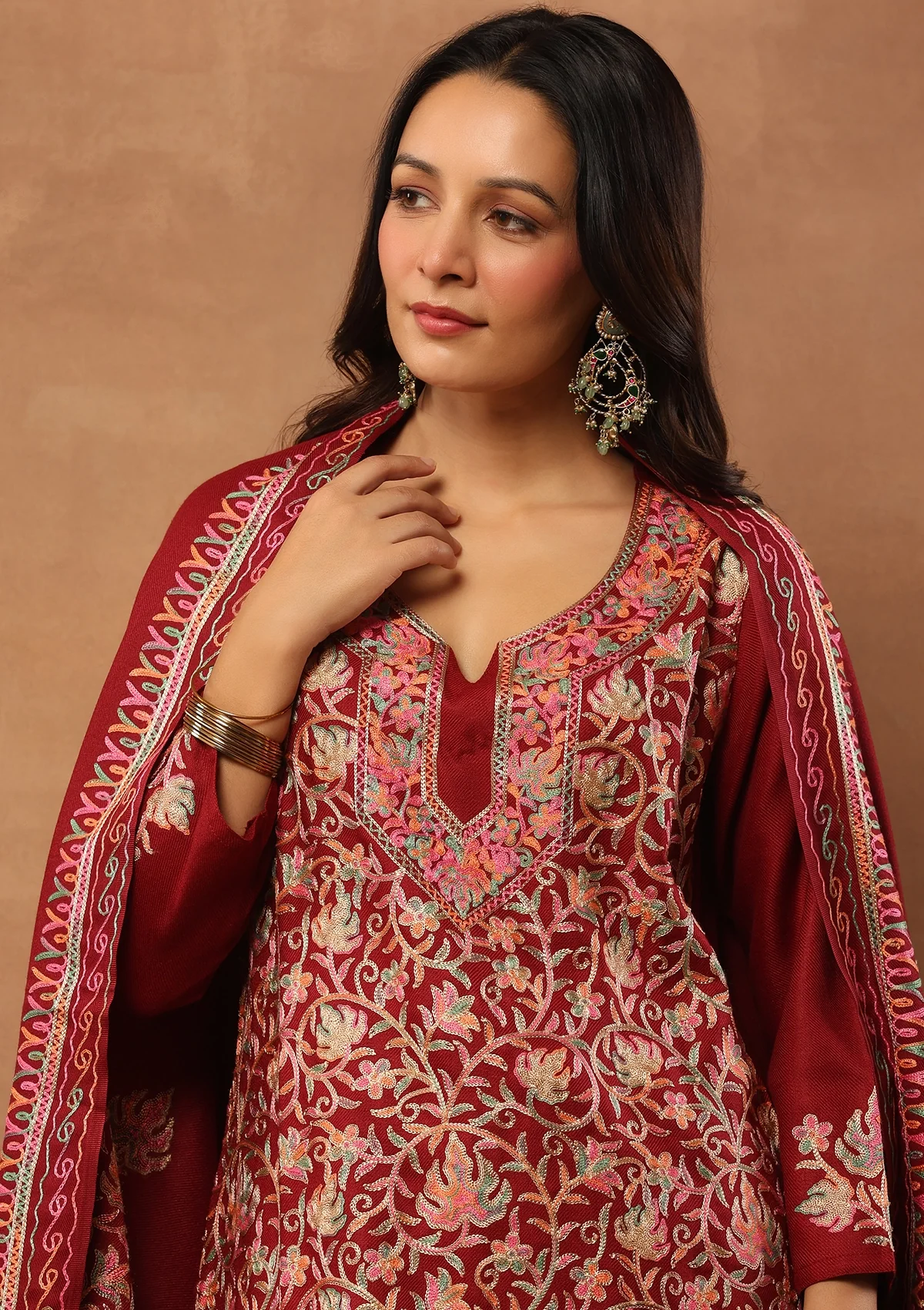 HOC Aari Woollen Straight Kurta Set with Dupatta-Maroon - Healthber