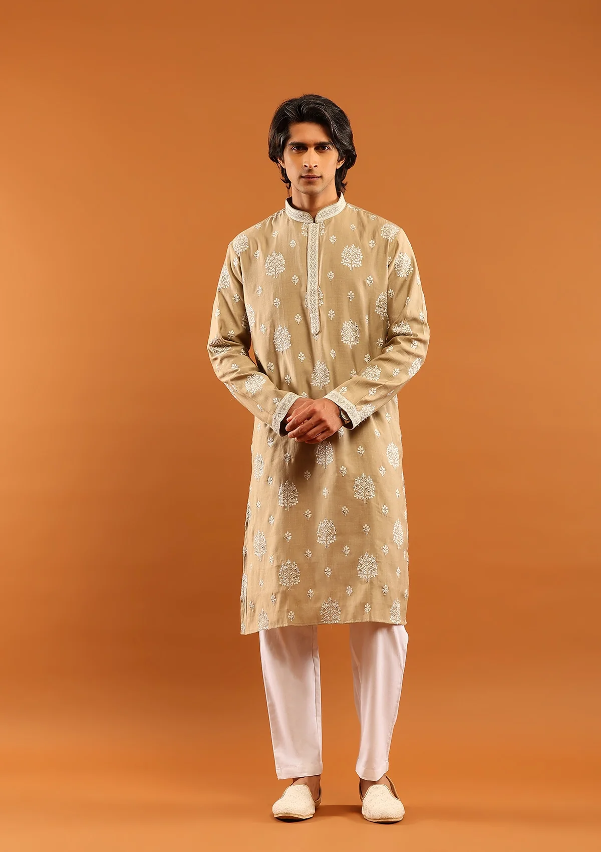 HOC Poly Silk Zari Embroidered Solid Men's Long Kurta- Beige - Healthber