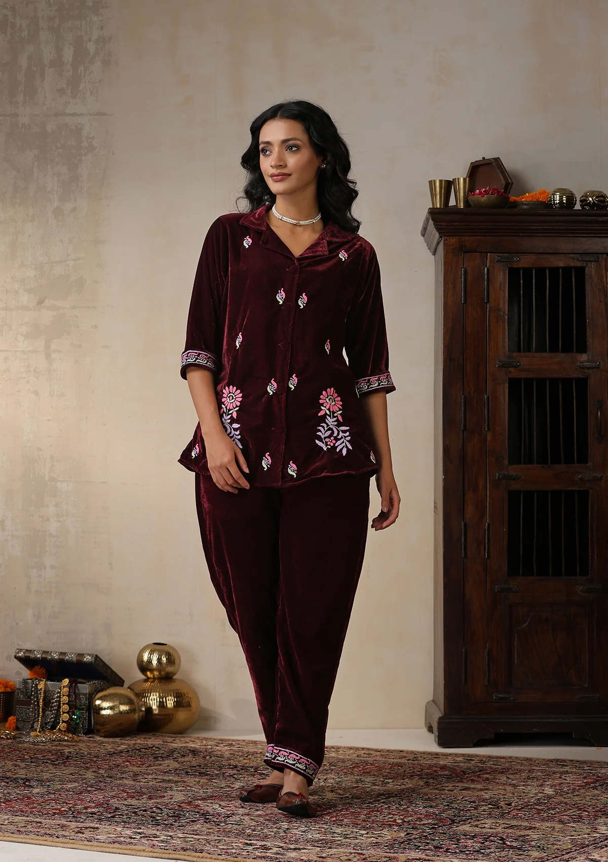 HOC Velvet Chikankari Solid Women's 2 PC Co-ord Set - Maroon - Healthber