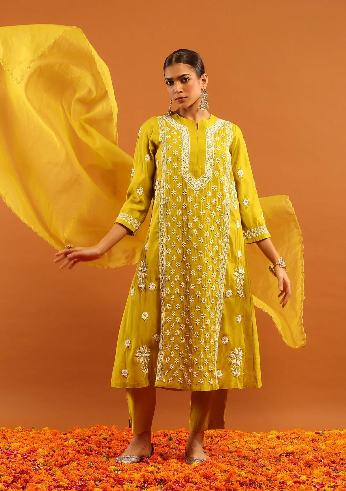 HOC Chanderi Chikankari Solid Women's 3 PC Long Kurta Set-Green - Healthber