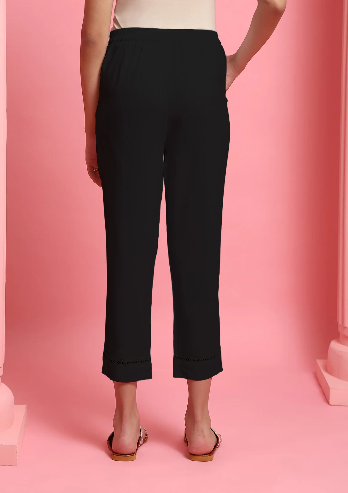 HOC Cotton Solid Women's Pants With Lace - Black - Healthber