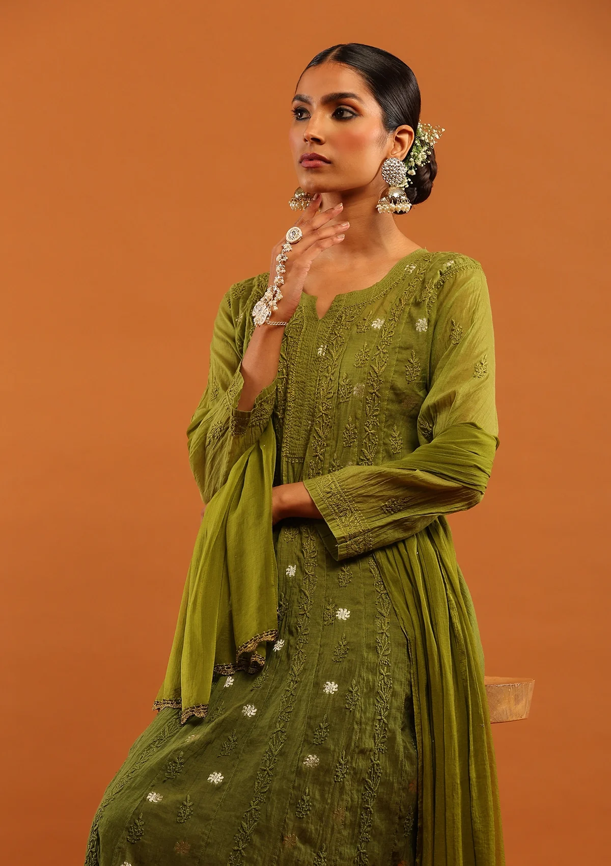 HOC Banarasi Mul Chanderi Chikankari Solid Women's 4 PC Anarkali Kurta Set - Olive Green - Healthber