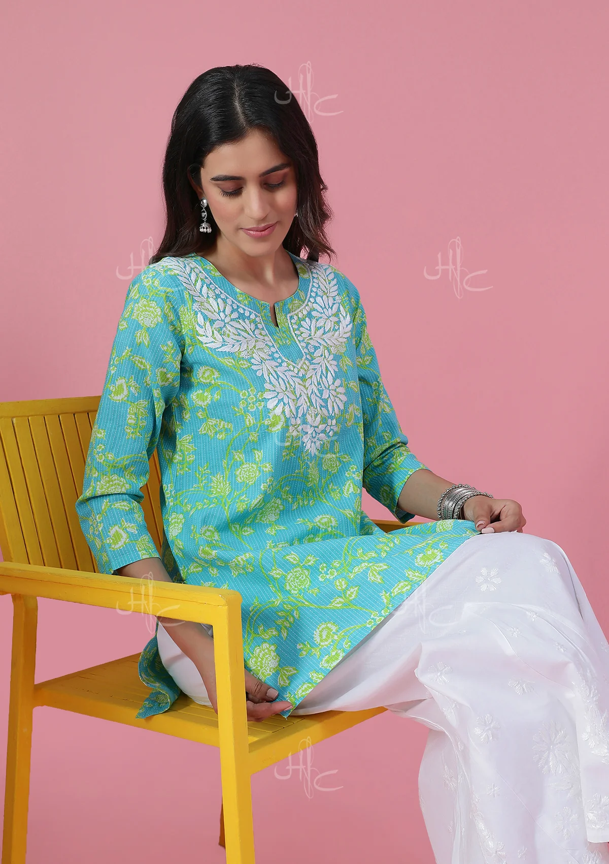 HOC Kantha Cotton Chikankari Printed Women's Short Kurta - Blue - Healthber