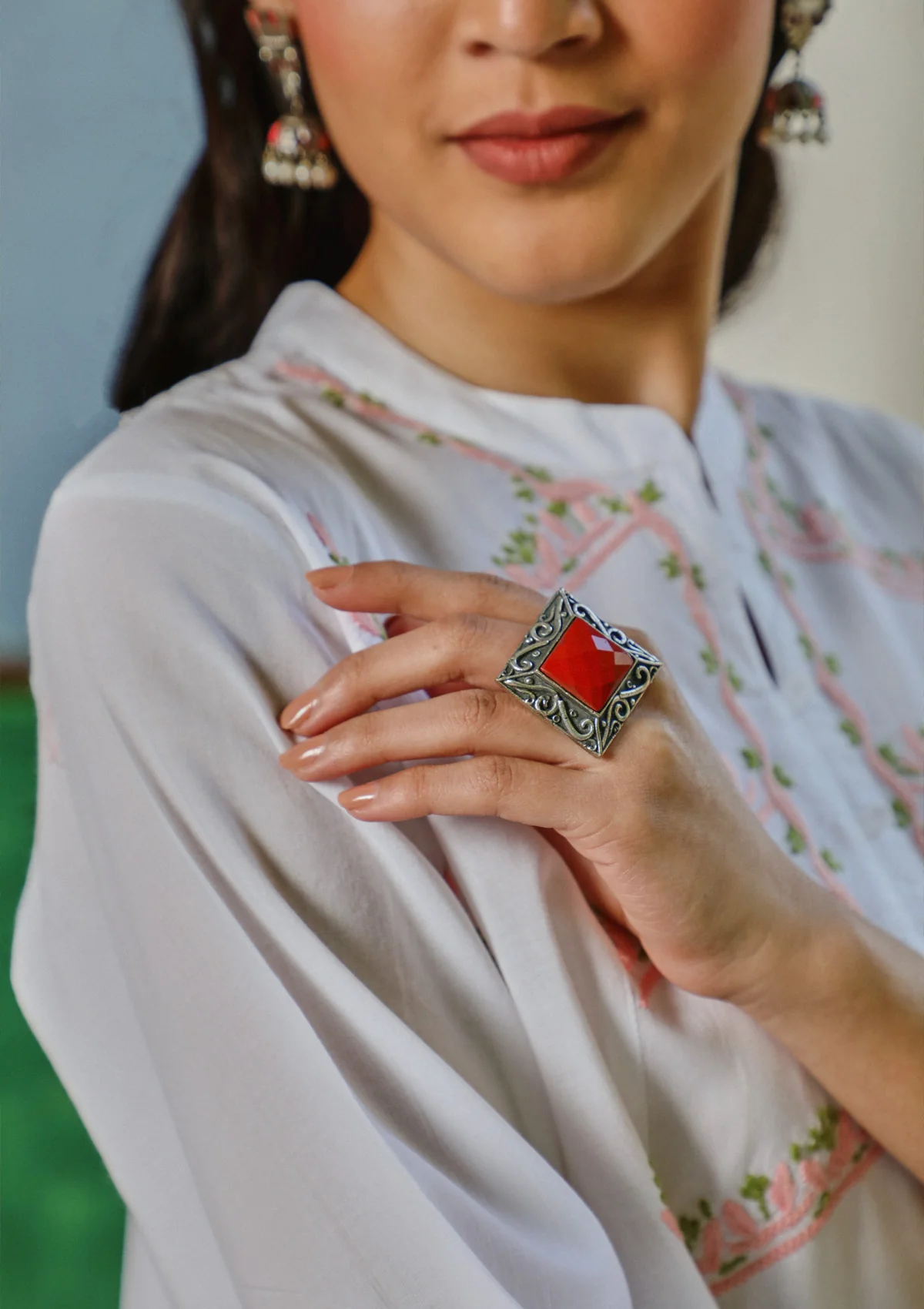 HOC Silver Tone Handcrafted Red Stone Ring - Healthber