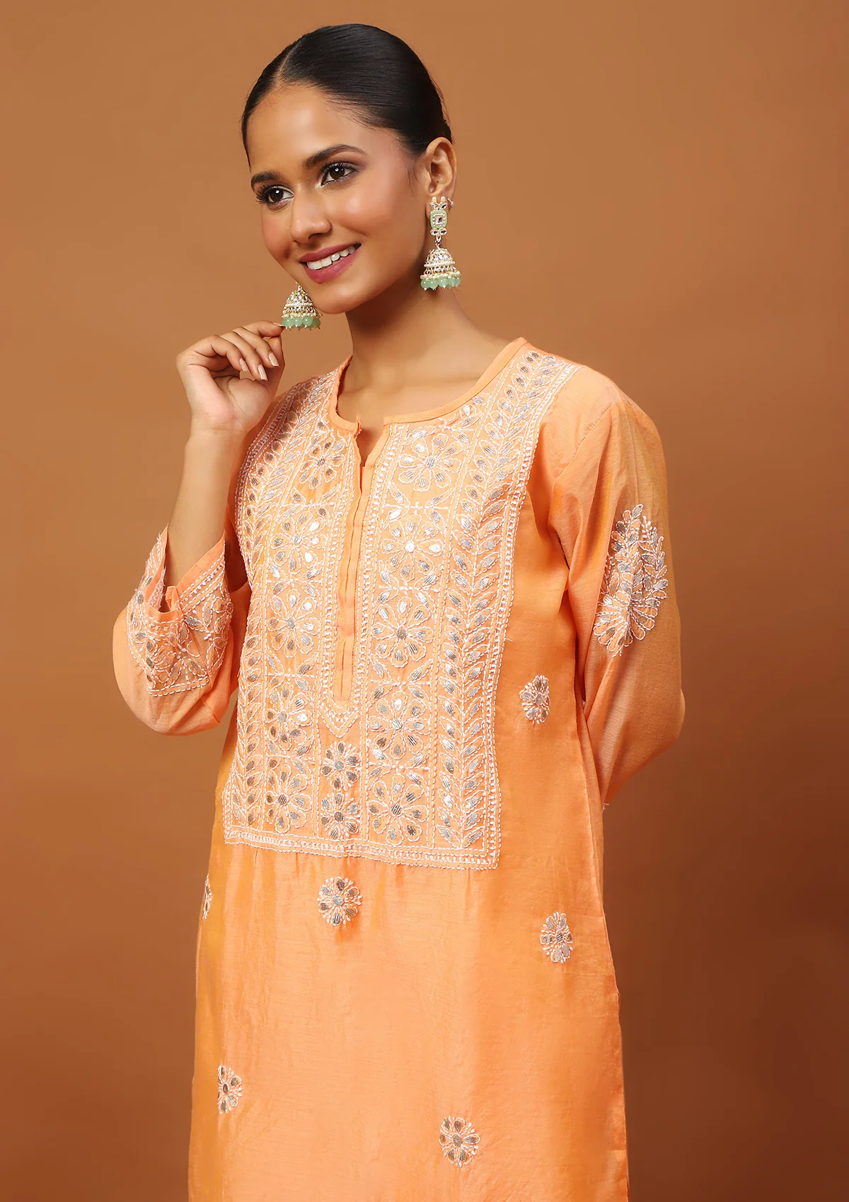 HOC Chanderi Chikankari Gota Work Solid Women's 4 PC Long Kurta Set-Orange - Healthber