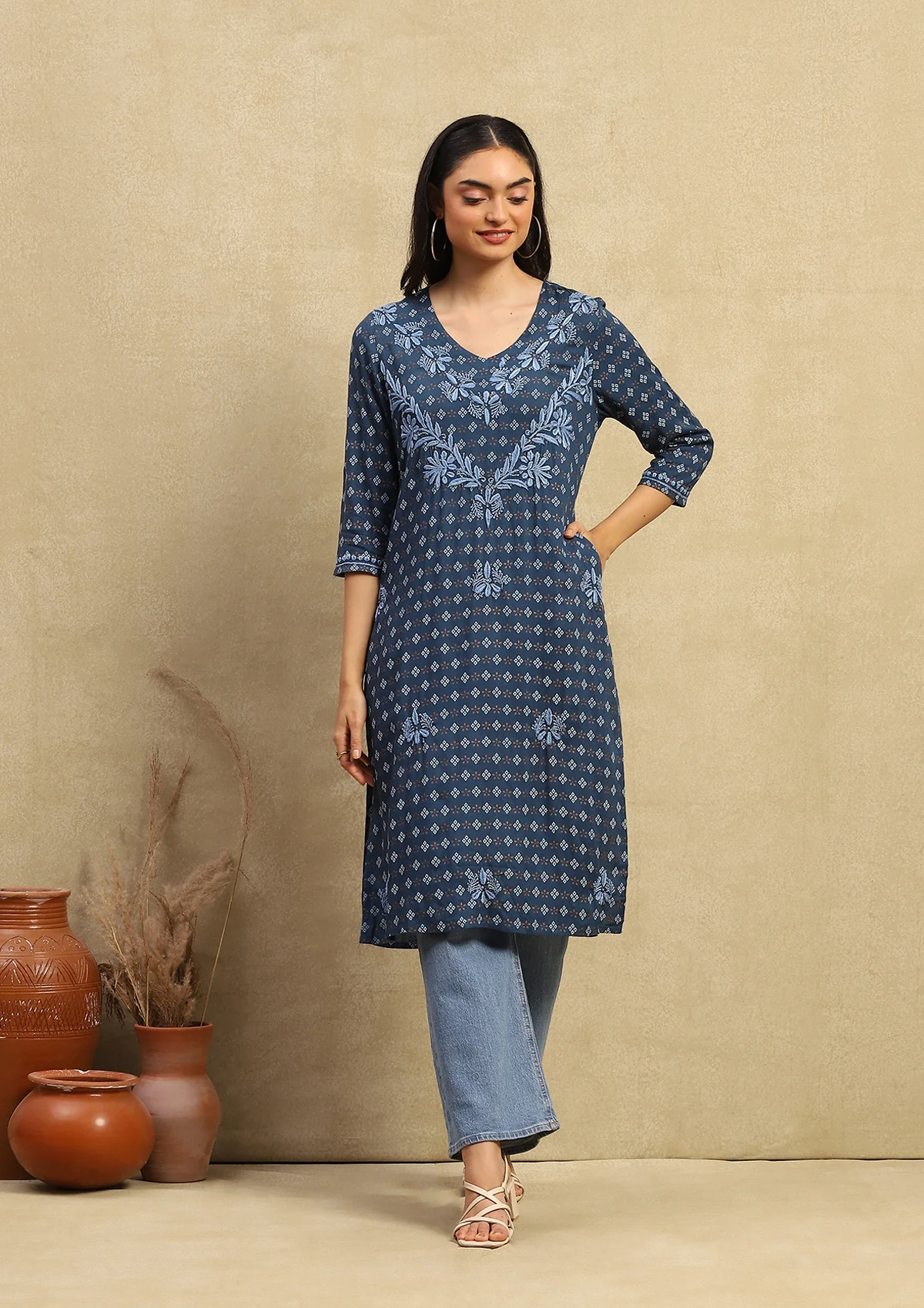 HOC Rayon Chikankari Printed Women's Long Kurta - Navy Blue - Healthber