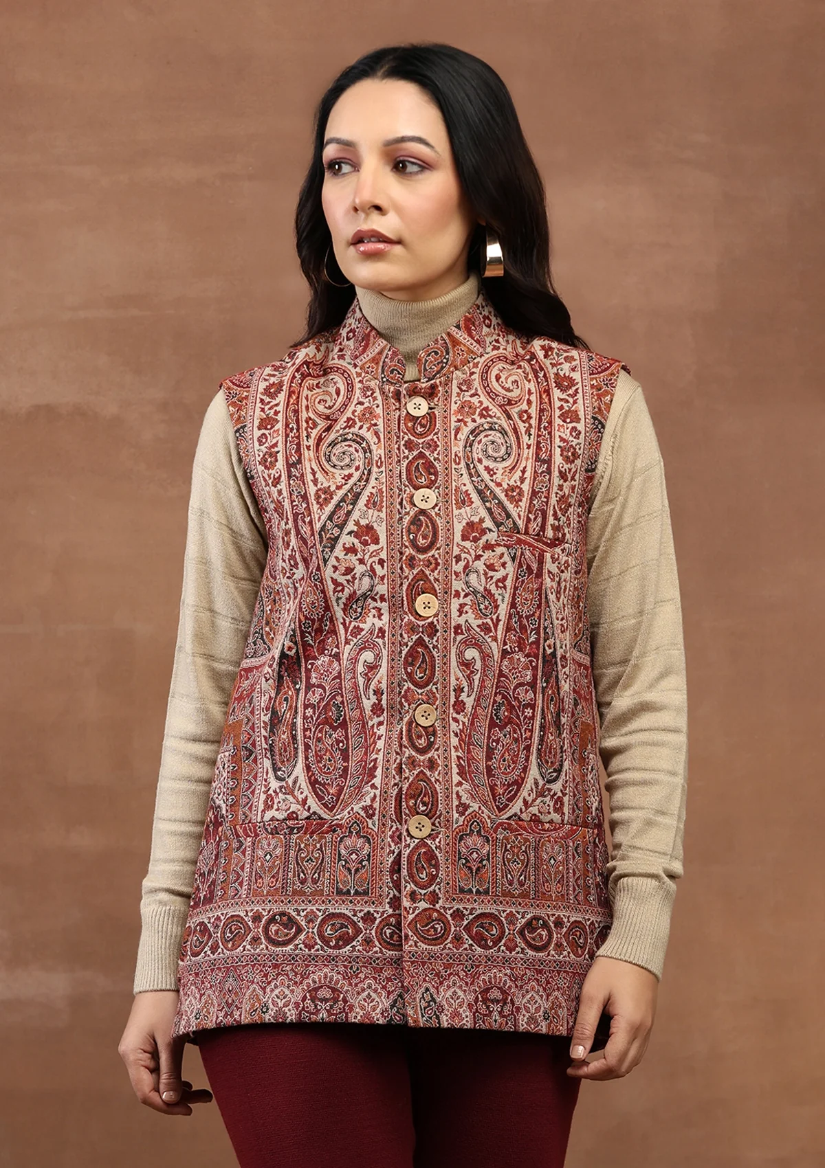HOC Kashmiri Wool Kani Weave Women's Jacket-Red - Healthber