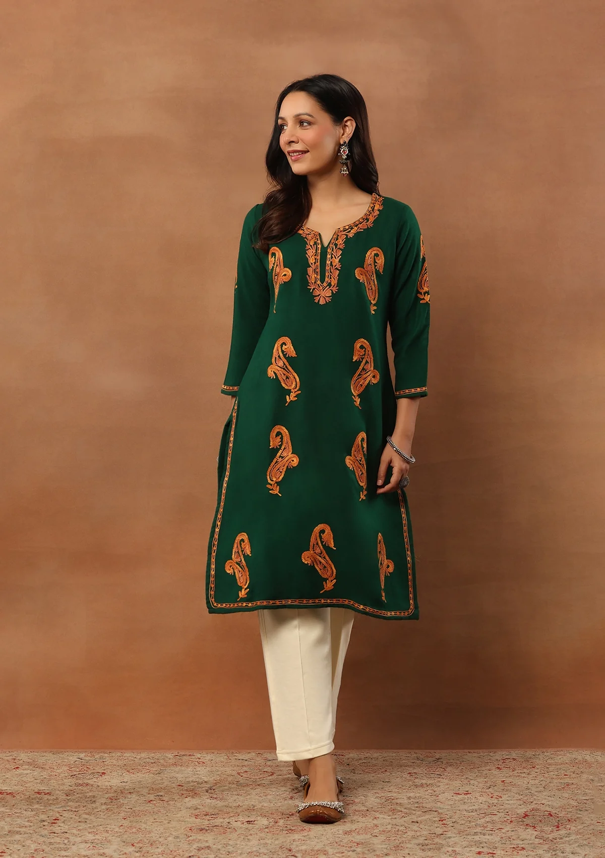 HOC Aari Embroidered Woollen Solid Women's Long Kurta - Green - Healthber