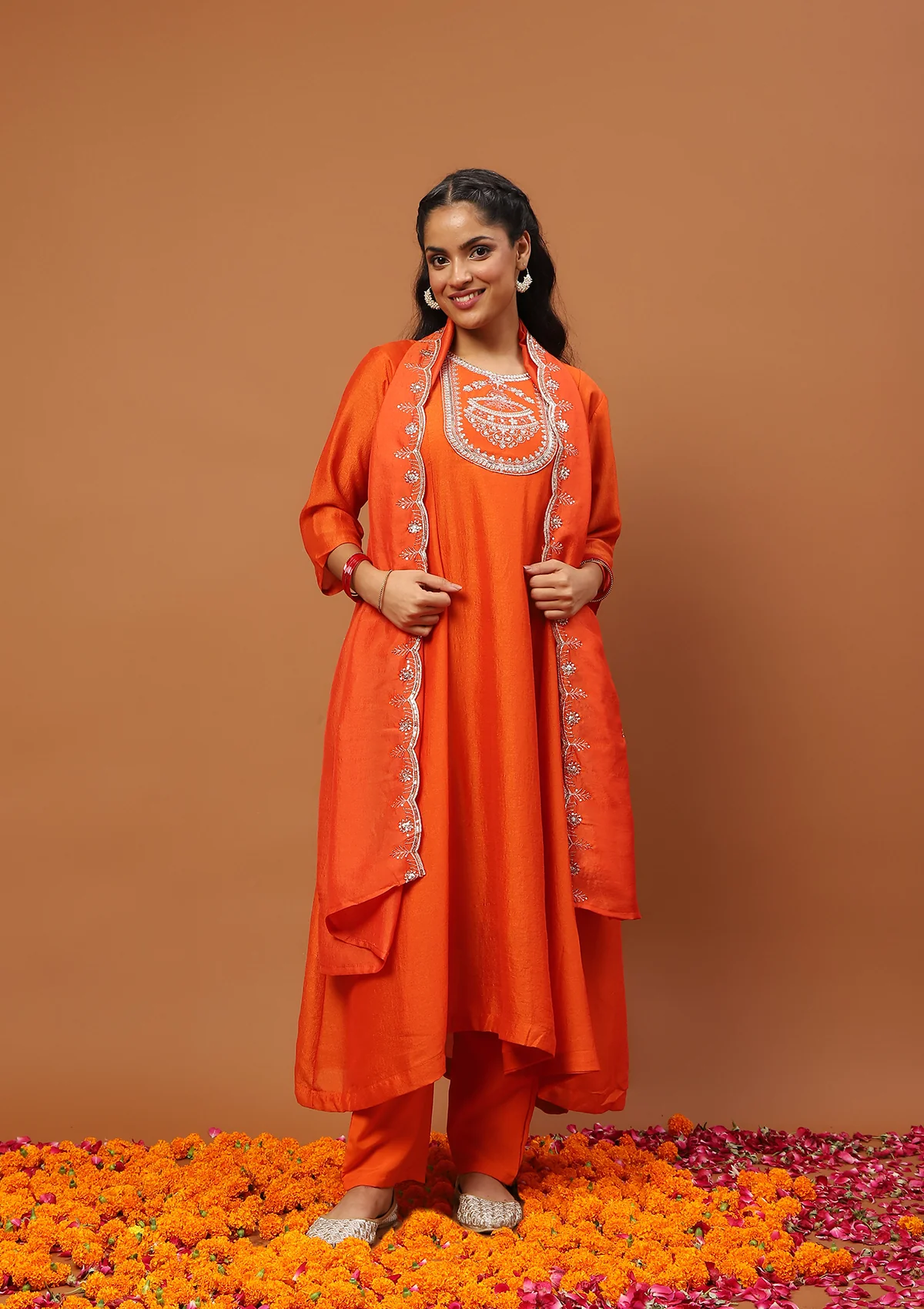 HOC Silk Blend Zari Embroidered With Sequins Solid Women's 3PC Anarkali Kurta Set-Orange - Healthber