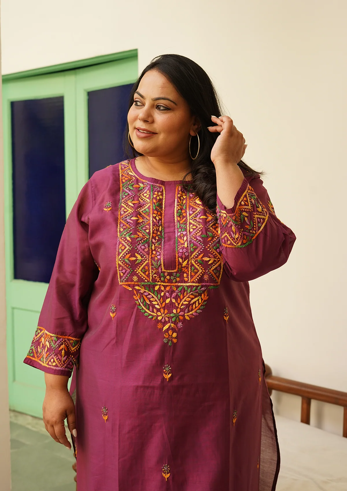 HOC Aafna Chikankari Chanderi Women's 2 PC Straight Kurta Set- Purple - Healthber