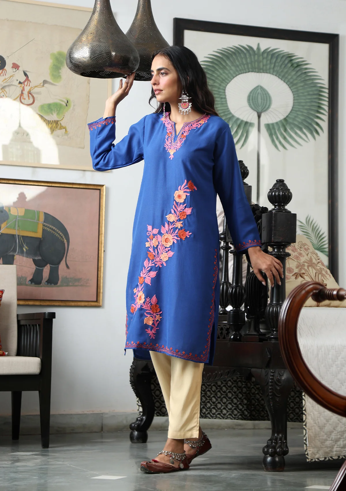 HOC Aari Embroidered Cotton Solid Women's Long Kurta - Blue - Healthber