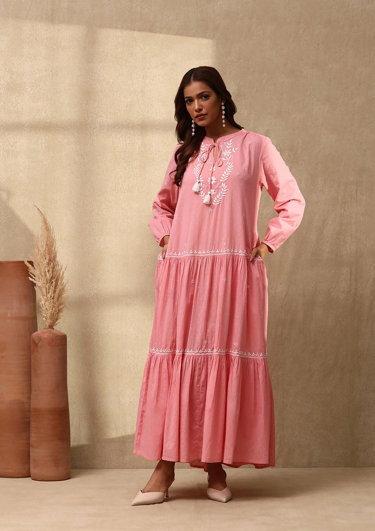 HOC Cotton Dobby Chikankri Solid Women's Long Dress - Dust Pink - Healthber
