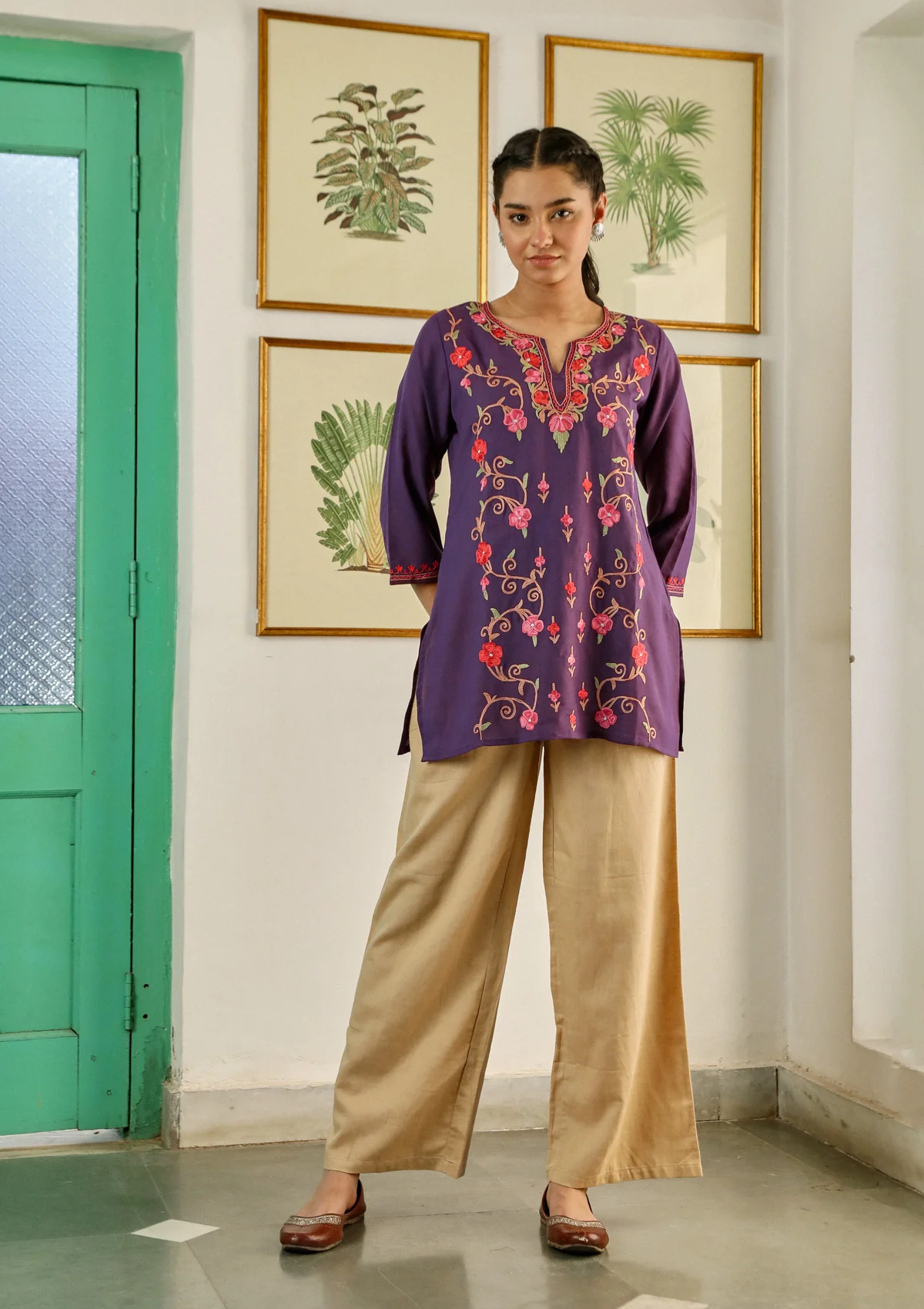 HOC Aari Embroidered Cotton Solid Women's Short Kurta -Purple - Healthber