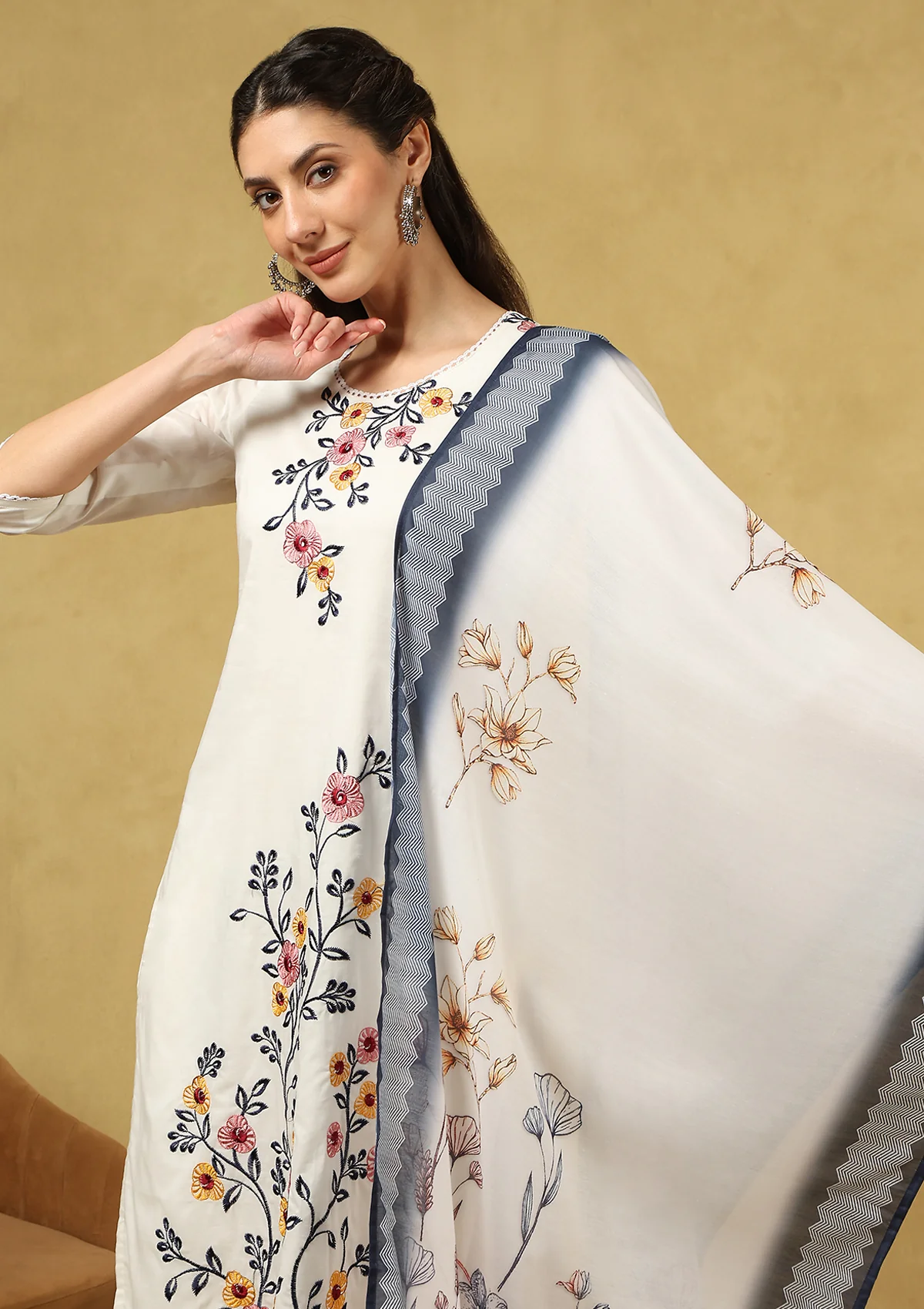 HOC Hand Embellished Cambric Cotton Printed Women's 3 PC Long Kurta Set with Dupatta - Off White - Healthber