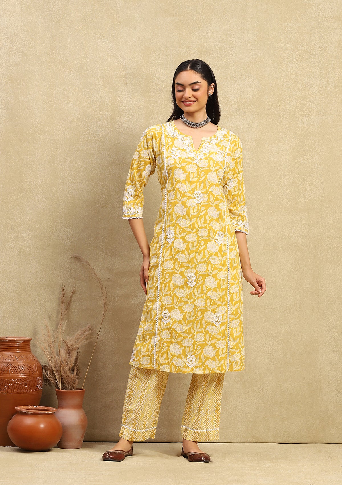 HOC Cotton Chikankari Printed Women's 2PC Long Kurta Set - Mustard Yellow - Healthber