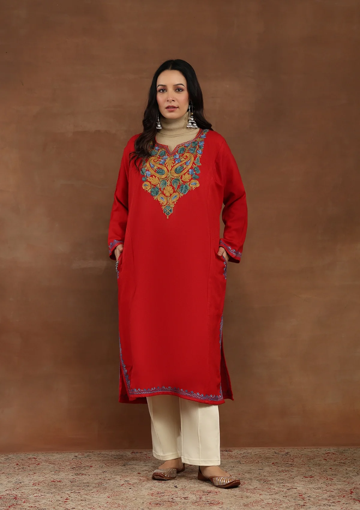 HOC Kashmiri Wool Aari Embroidered Solid Women's Phiran Kurta-Red - Healthber