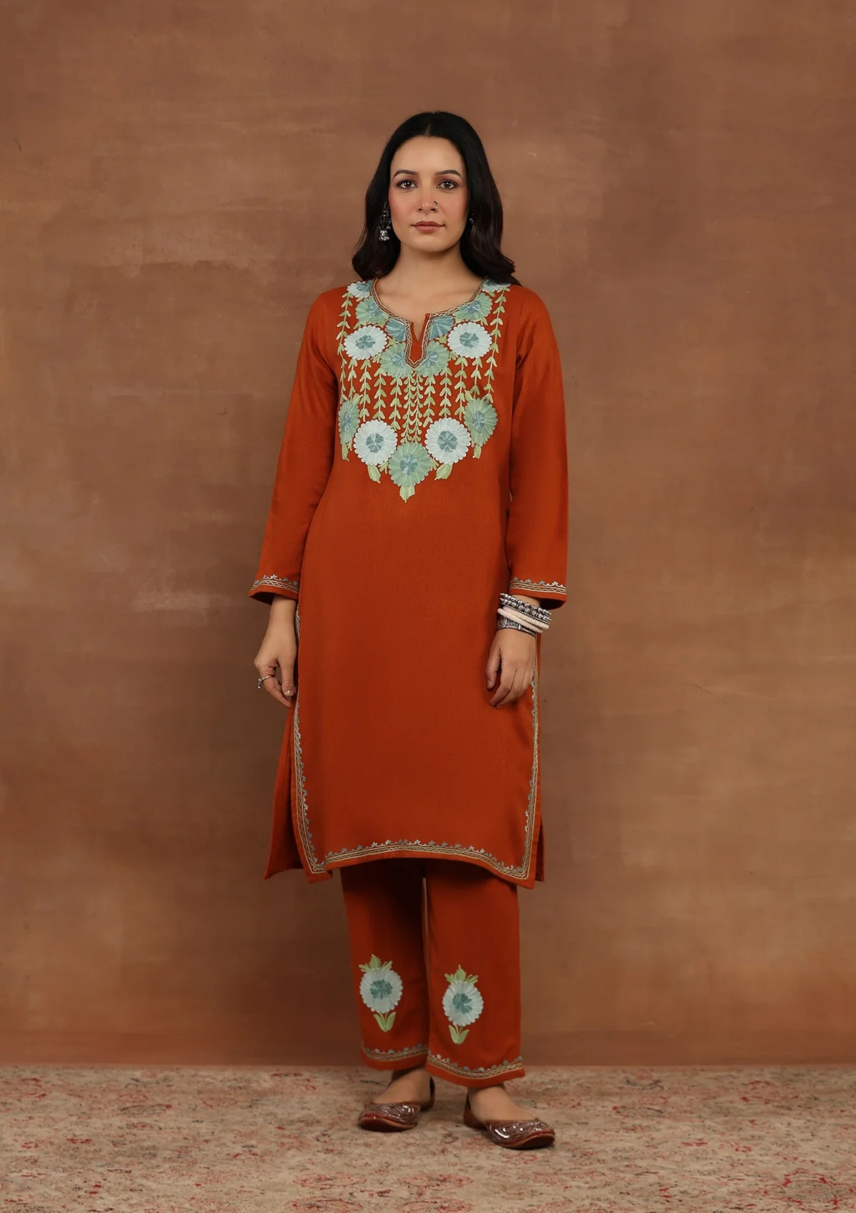 HOC Kashmiri Wool Aari Embroidered Solid Women's 2 PC Kurta Set-Rust - Healthber