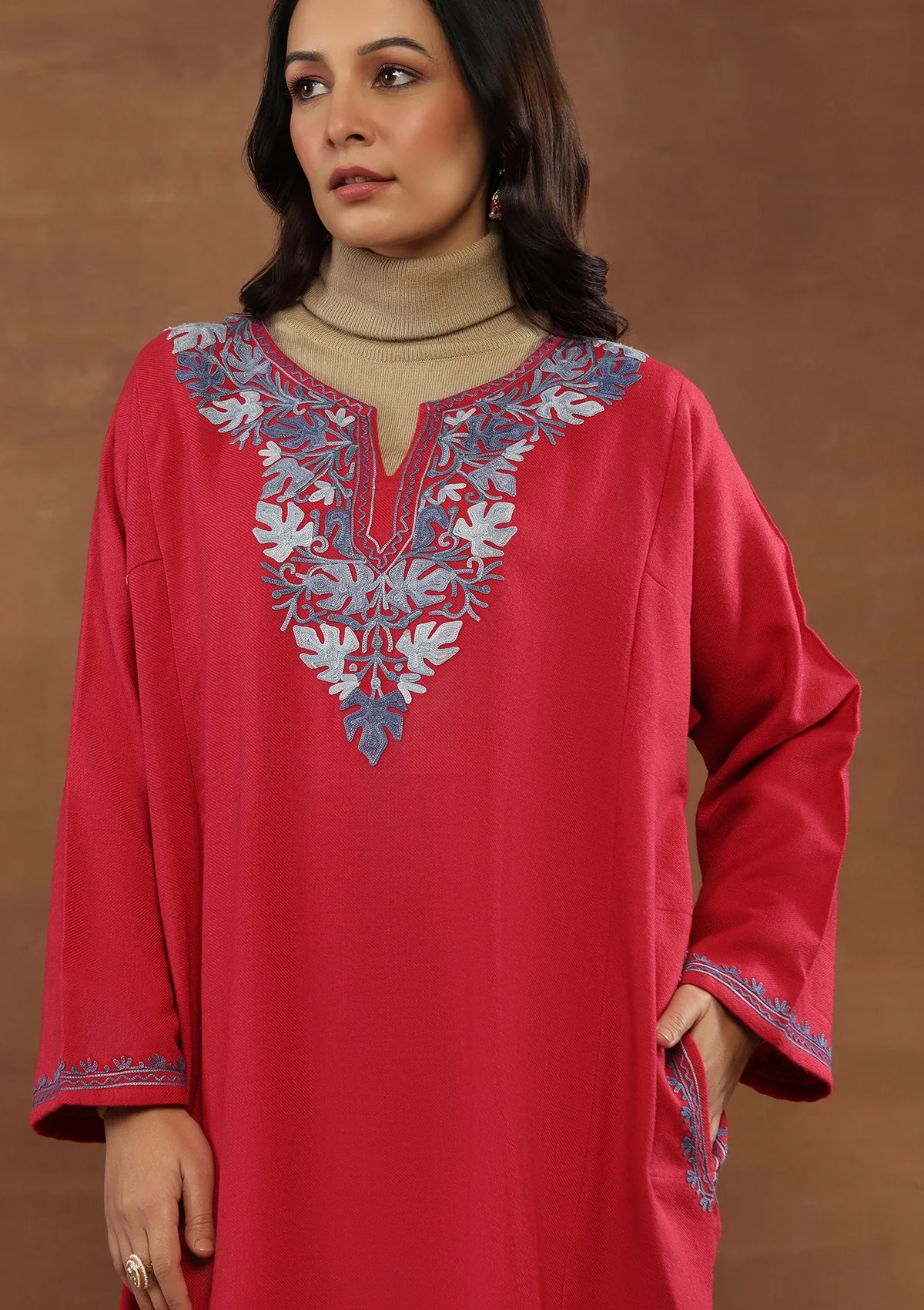 HOC Kashmiri Wool Aari Embroidered Solid Women's Phiran Kurta -Dark Pink - Healthber