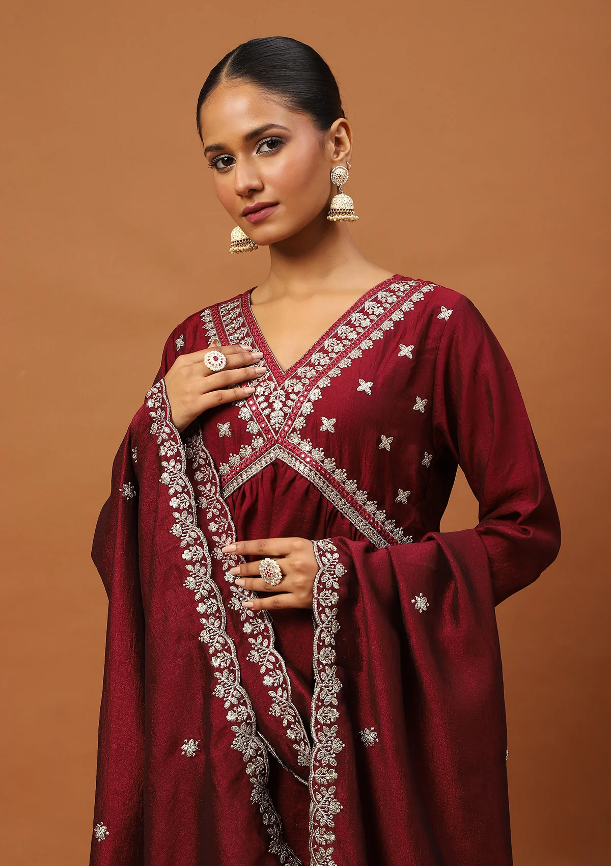 HOC Silk Blend Zari Embroidered With Sequins Solid Women's 3 PC A-Line Kurta Set-Maroon - Healthber