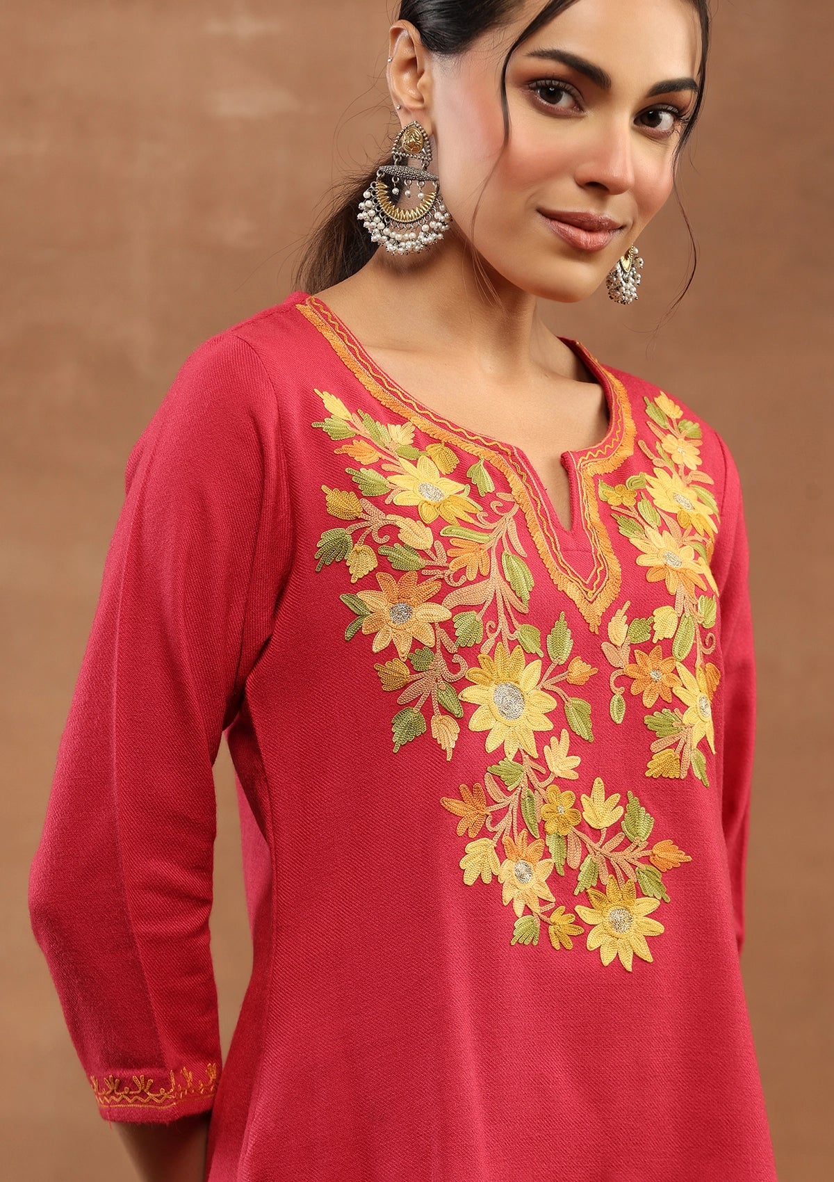 HOC Kashmiri Wool Aari Embroidered Solid Women's Short Kurta-Dark Pink - Healthber