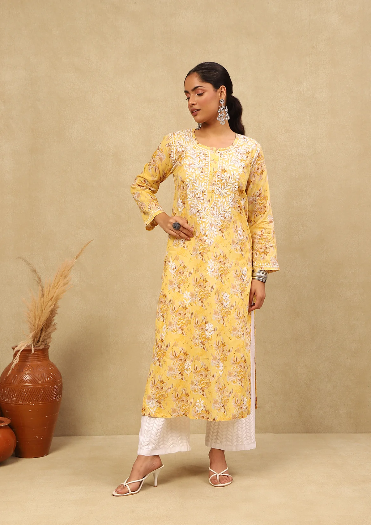 HOC Mulmul Chikankari Printed Women's Long Kurta -Yellow - Healthber