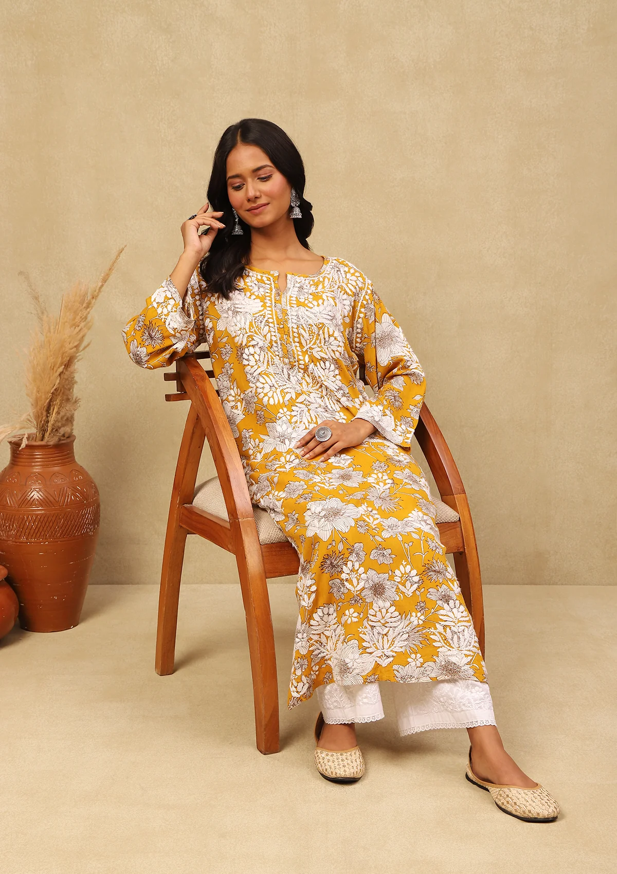 HOC Rayon Chikankari Printed Women's Long Kurta -Mustard - Healthber