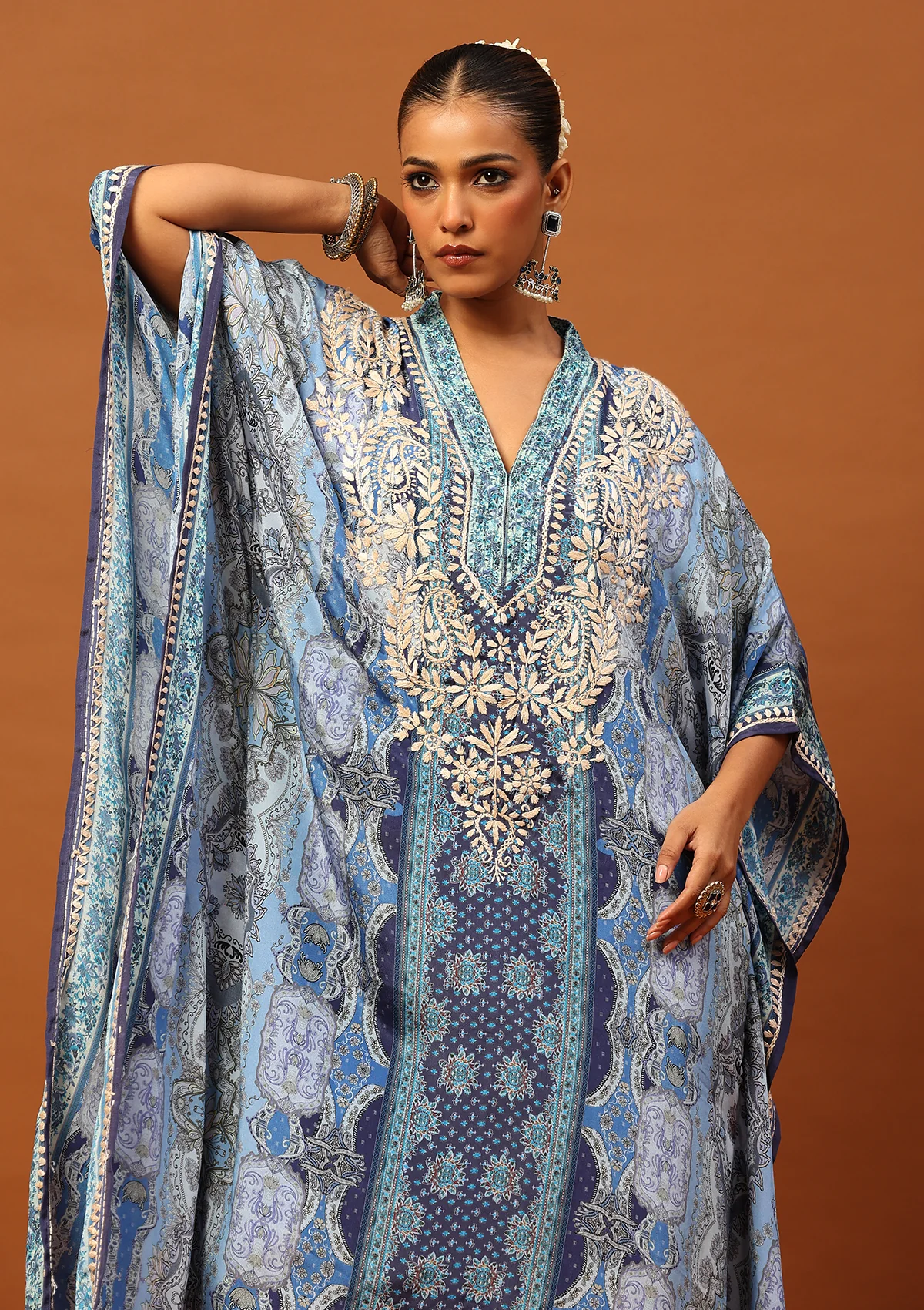 HOC Crepe Chikankari Printed Women's Kaftan -Blue - Healthber