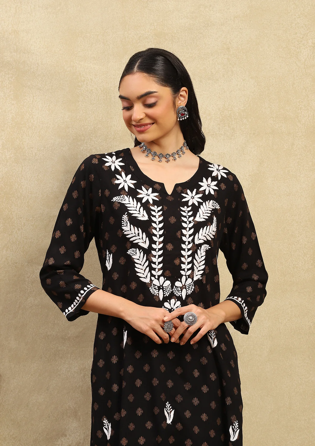 HOC Rayon Chikankari Printed Women's Long Kurta - Black - Healthber