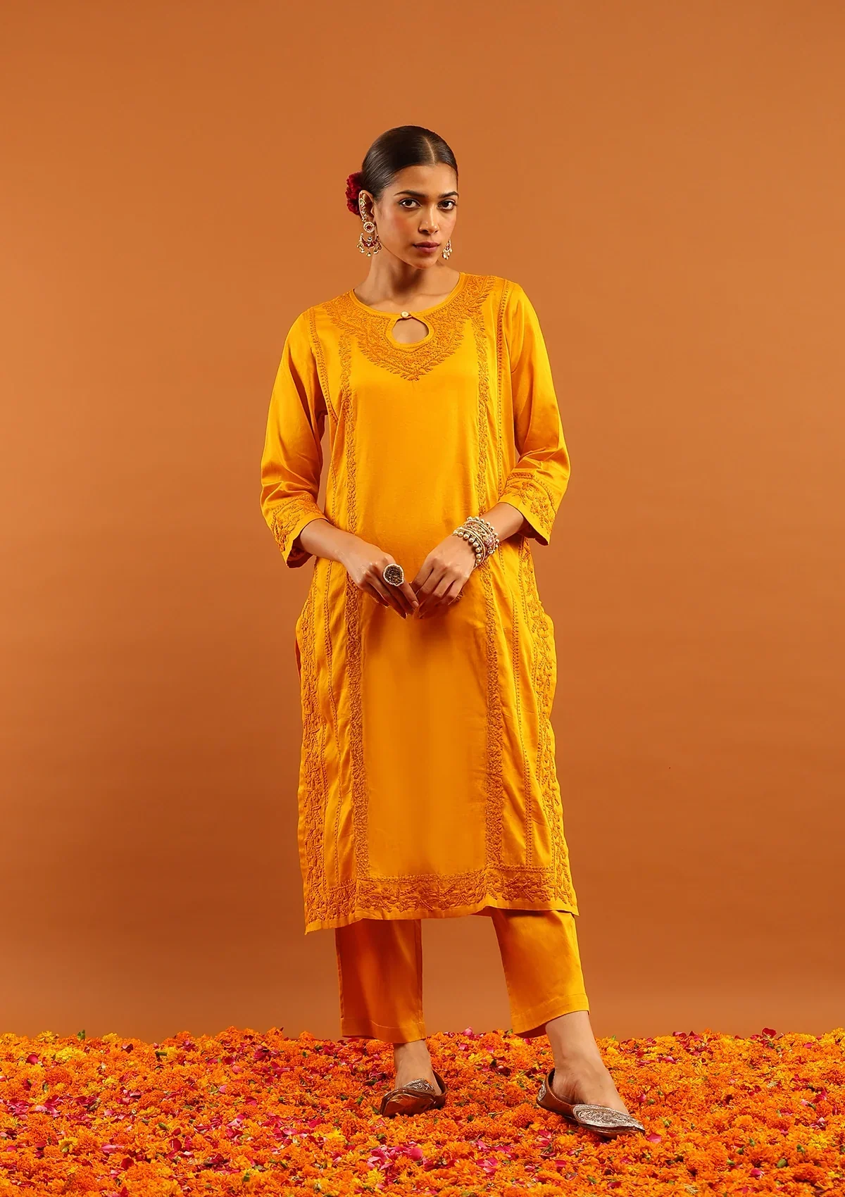 HOC Jaam Silk Chikankari Solid Women's 2 PC Long Kurta Set - Mustard - Healthber