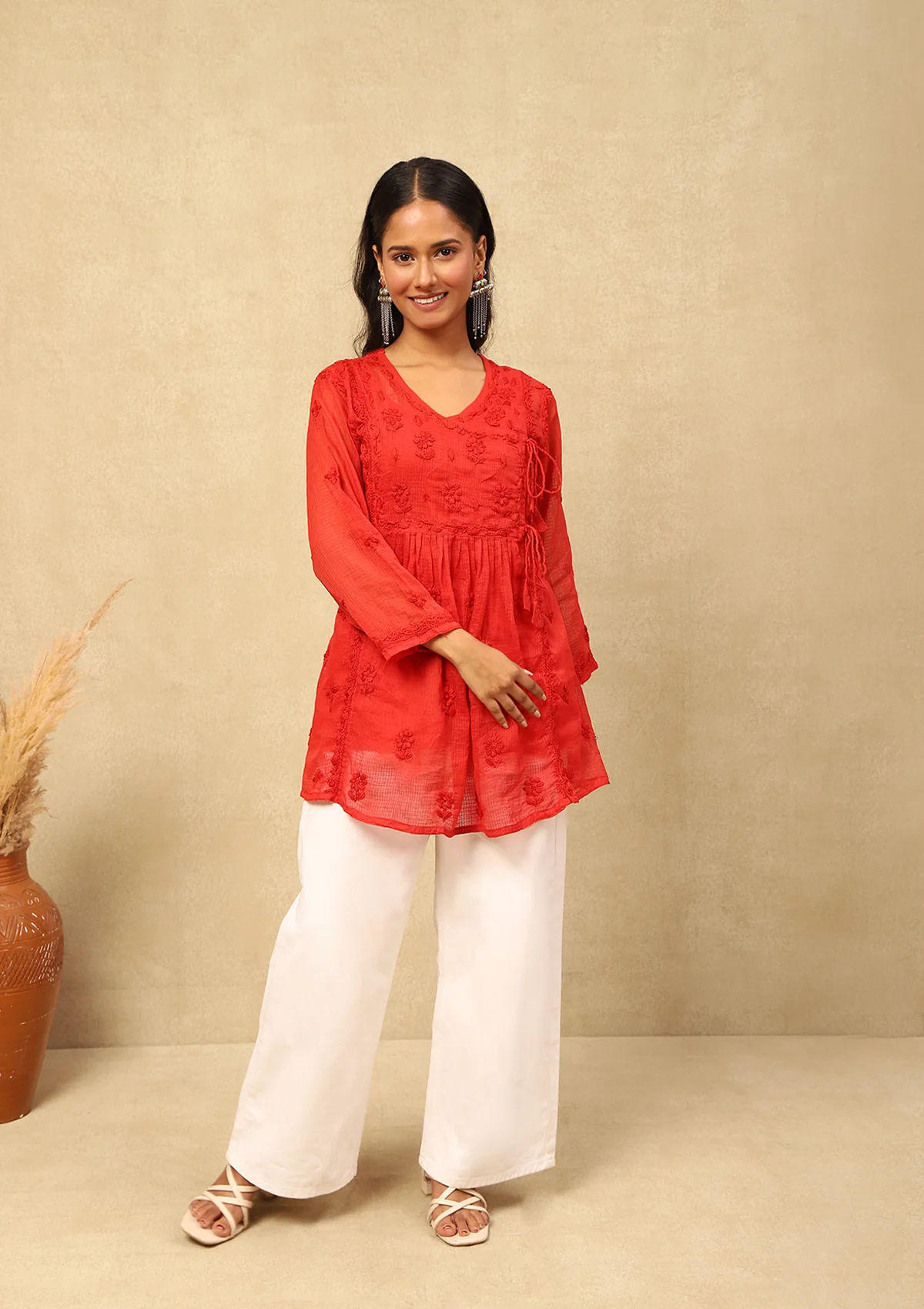 HOC Kota Chikankari Solid Women's Short Angrakha Kurta With Inner -Red - Healthber