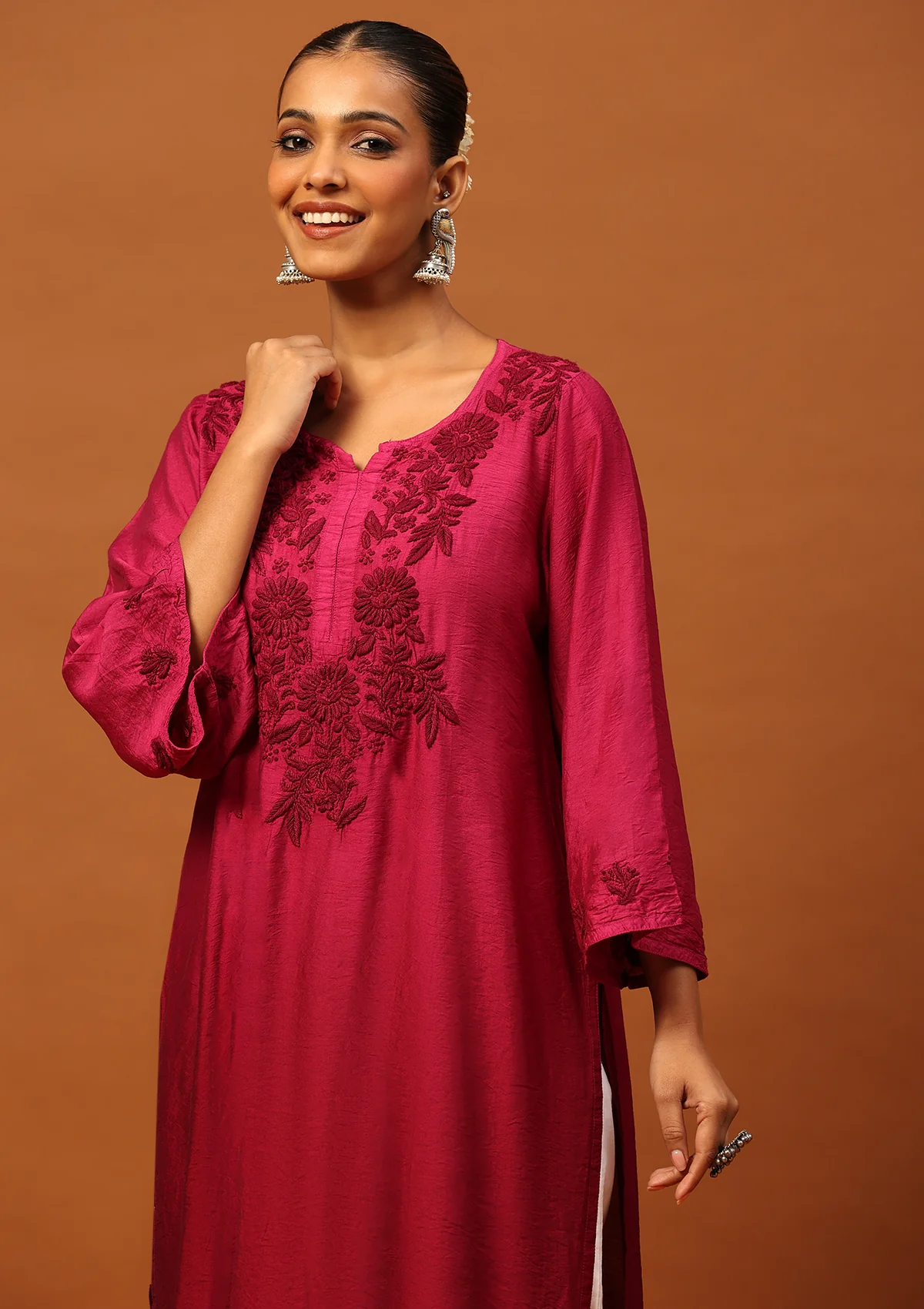 HOC Chanderi Chikankari Ombre Women's Long Kurta -Wine - Healthber