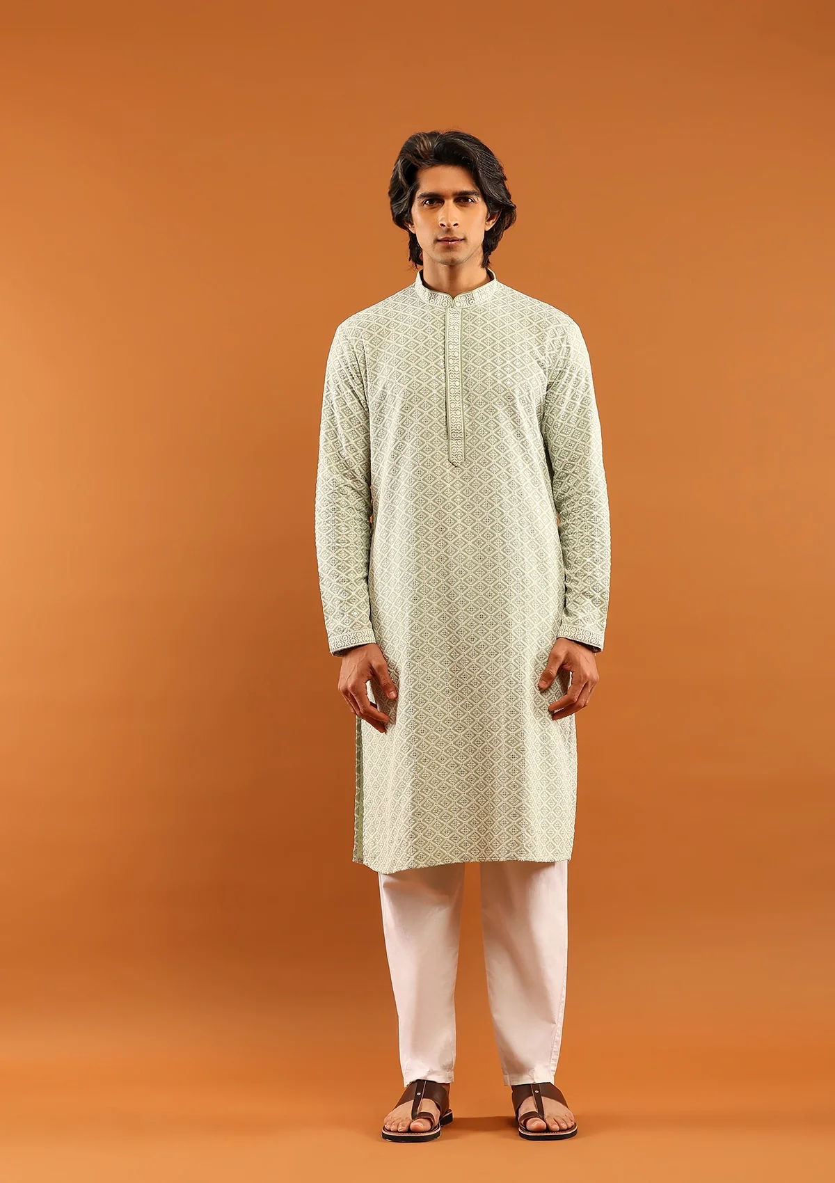 HOC Rayon Embroidered With Sequins Solid Men's Long Kurta- Pista Green - Healthber