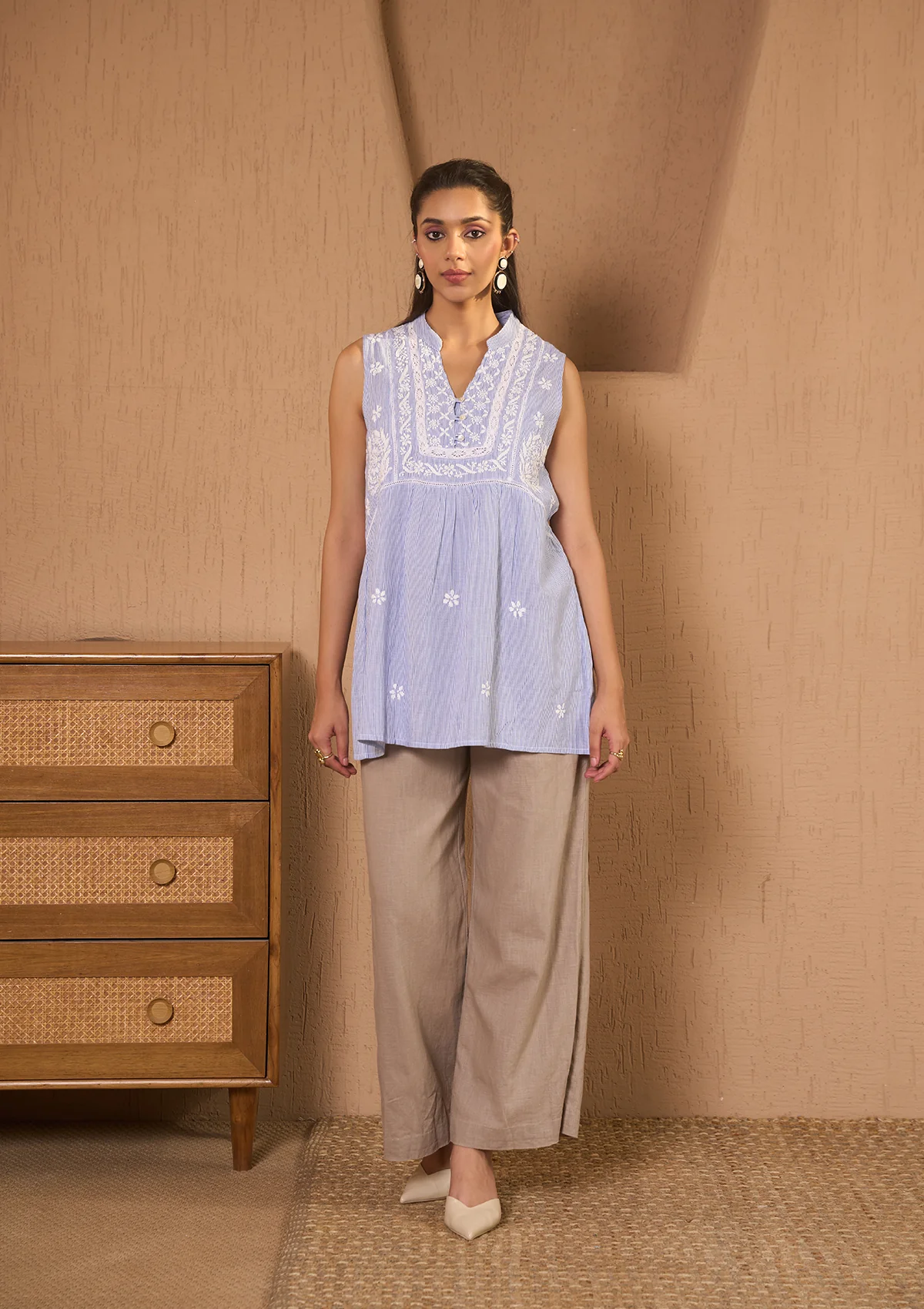 HOC Cotton Chambray Chikankari Solid Women's Top With Crochet Lace-Light Blue - Healthber