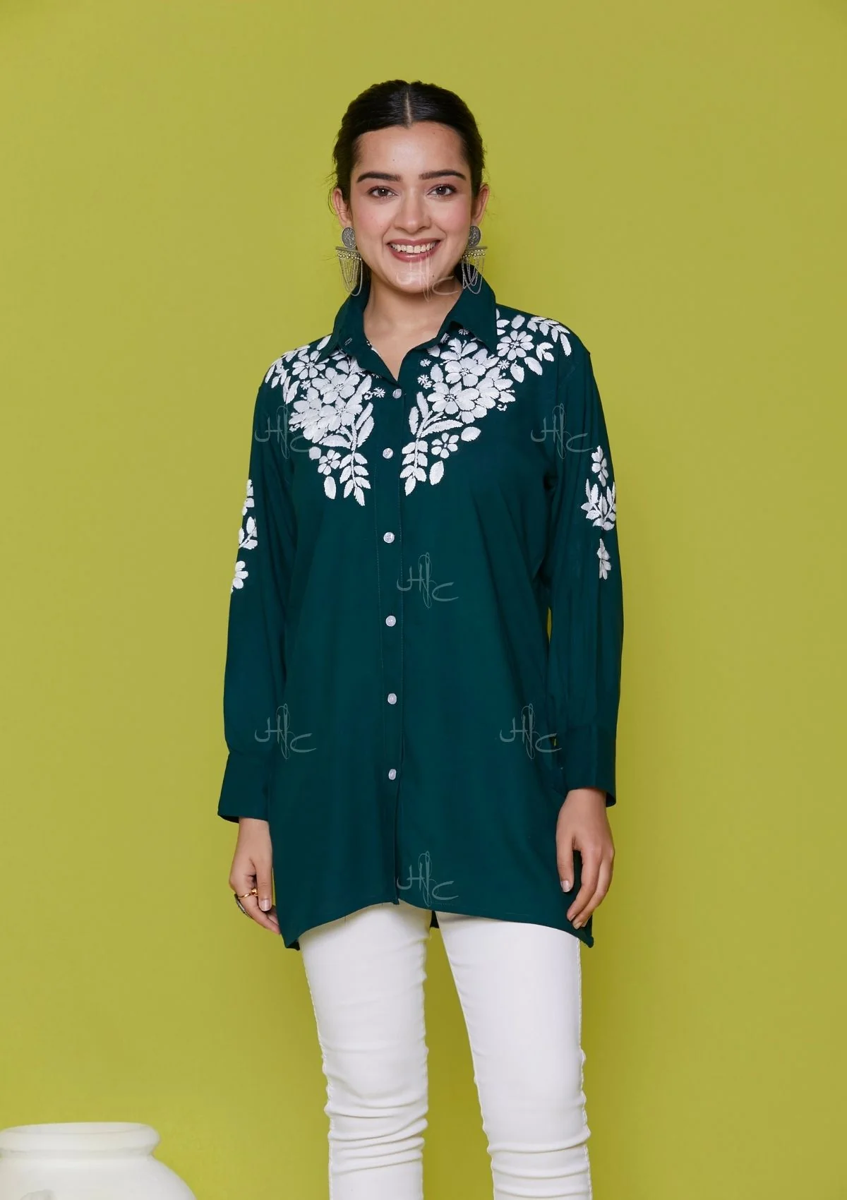 HOC Rayon Chikankari Solid Women's Shirt - Green - Healthber