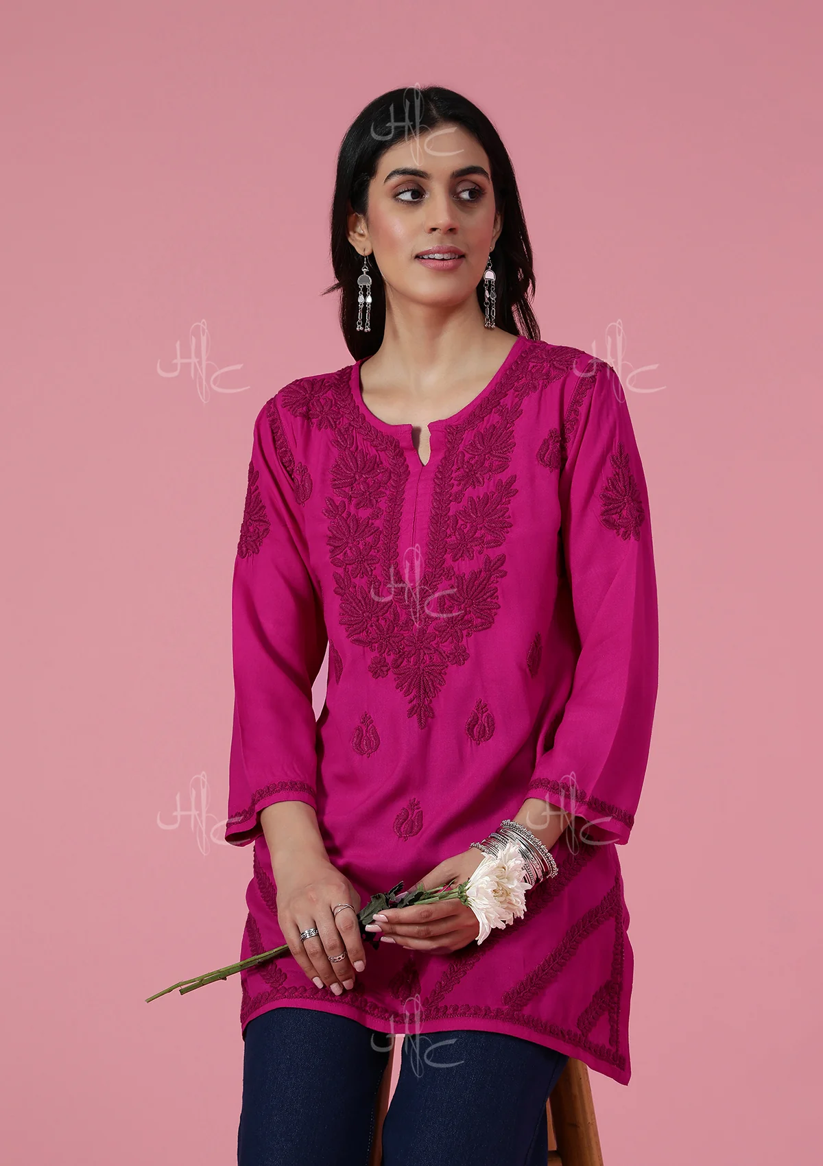 HOC Rayon Chikankari Solid Women's Short Kurta - Pink - Healthber