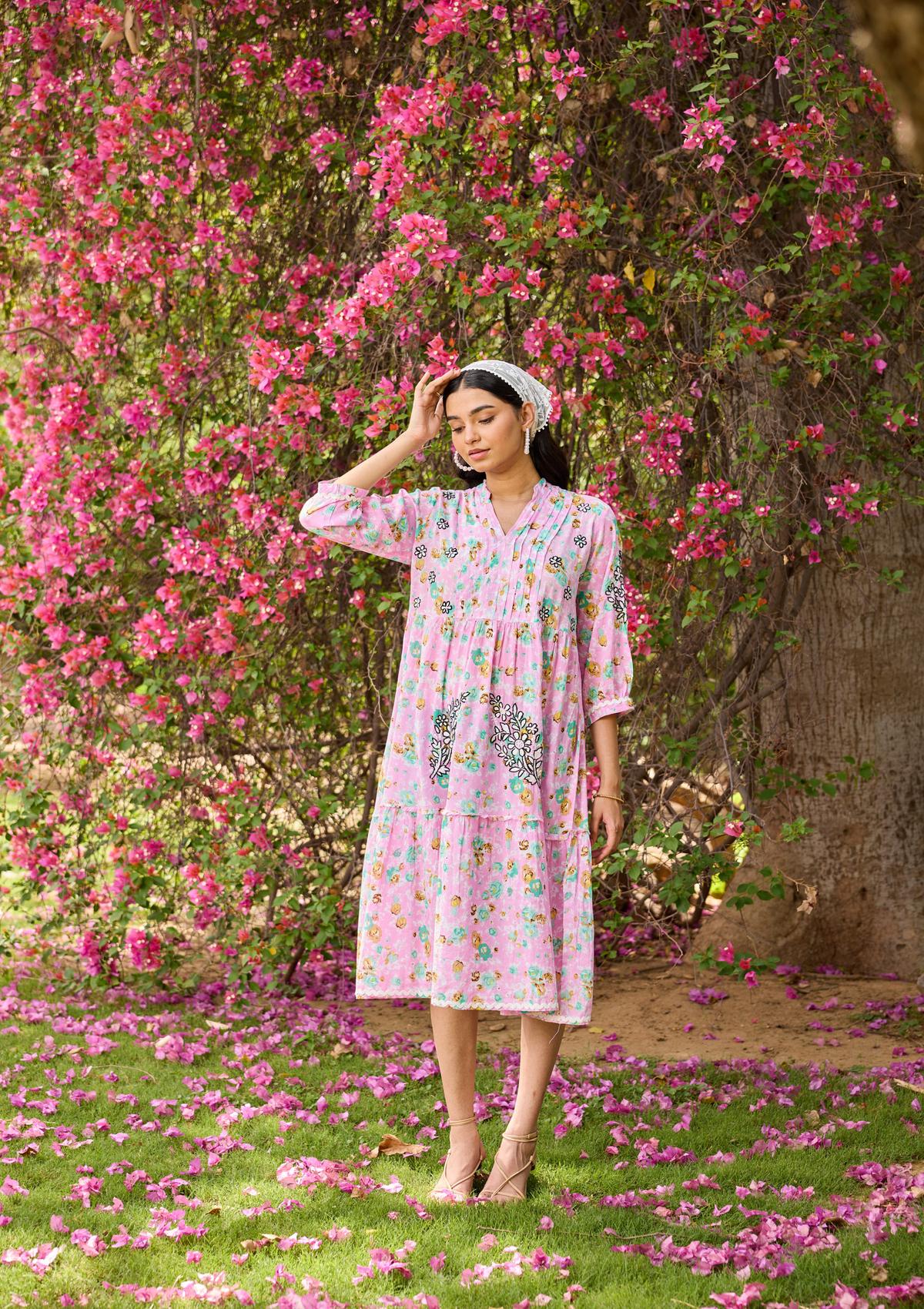 HOC Mulmul Chikankari Printed Women's Long Dress - Pink - Healthber