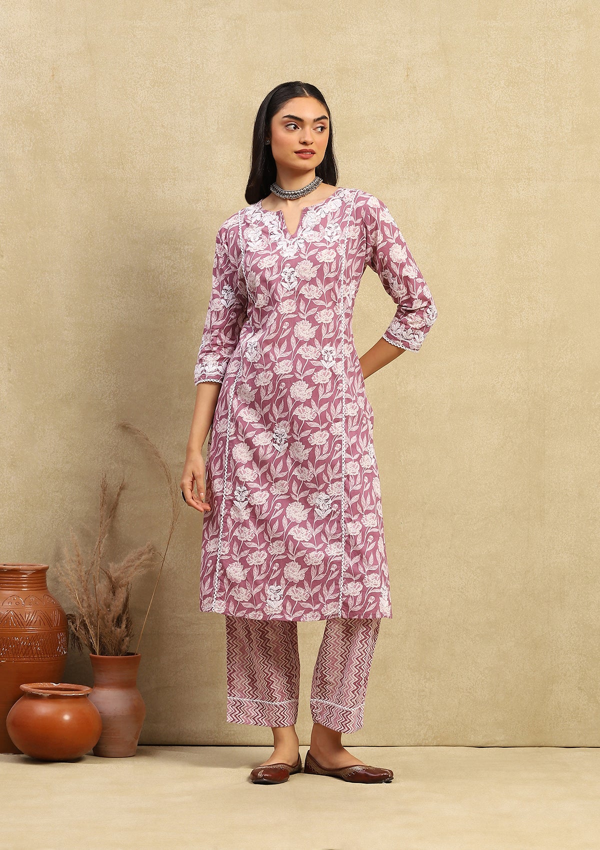 HOC Cotton Chikankari Printed Women's 2PC Long Kurta Set - Purple - Healthber