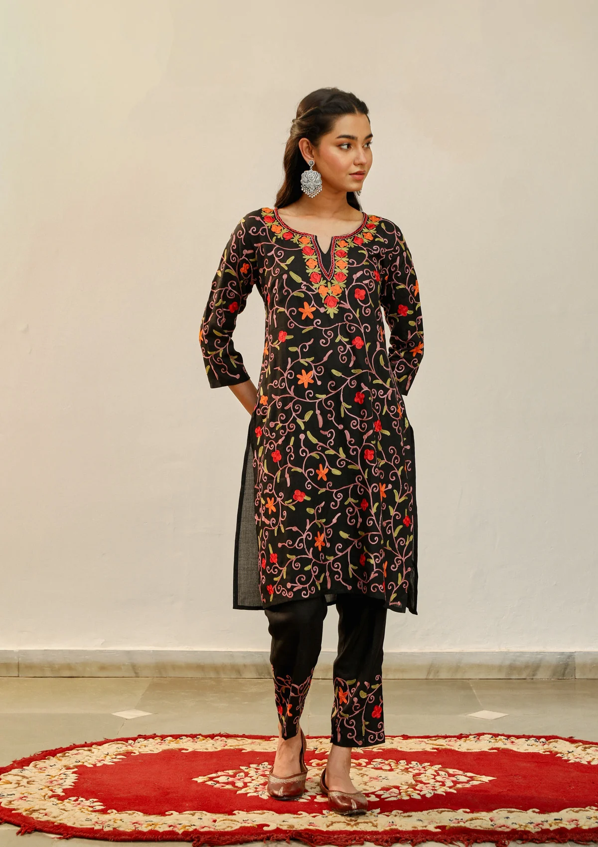 HOC Aari Embroidered Cotton Solid Women's 2PC Long Kurta Set - Black - Healthber