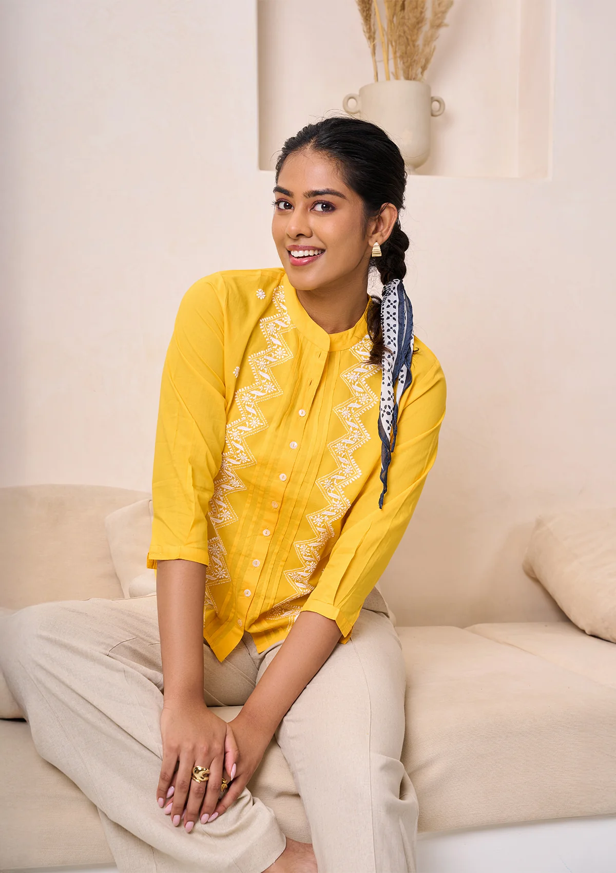HOC Cotton Chikankari Solid Women's Shirt - Yellow - Healthber