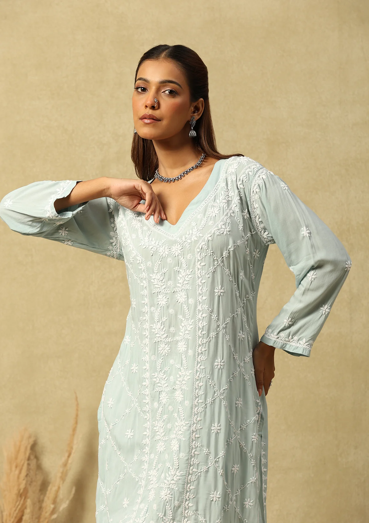HOC Modal Chikankari Solid Women's Long Kurta -Powder Blue - Healthber