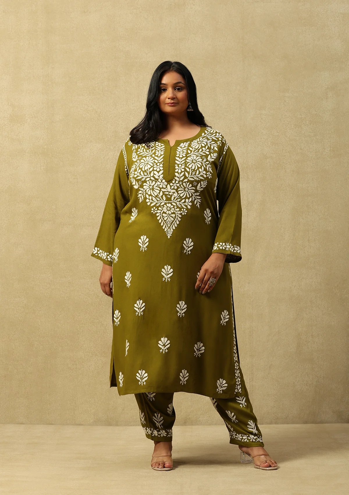 HOC Rayon Chikankari Solid Women's 2 PC Long Kurta Set-Olive Green - Healthber