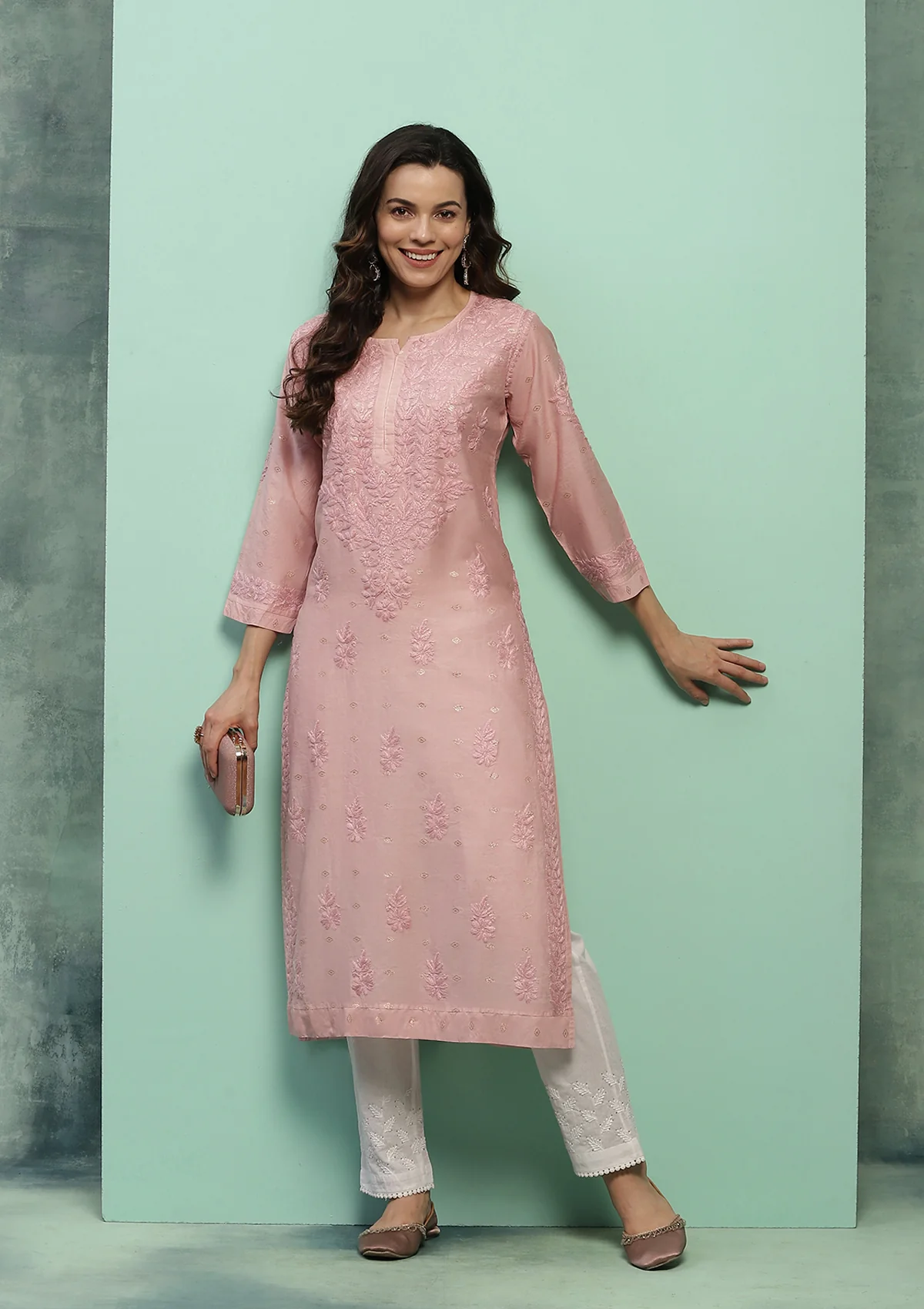 HOC Chanderi Chikankari Solid Women's Long Kurta - Dust Pink - Healthber