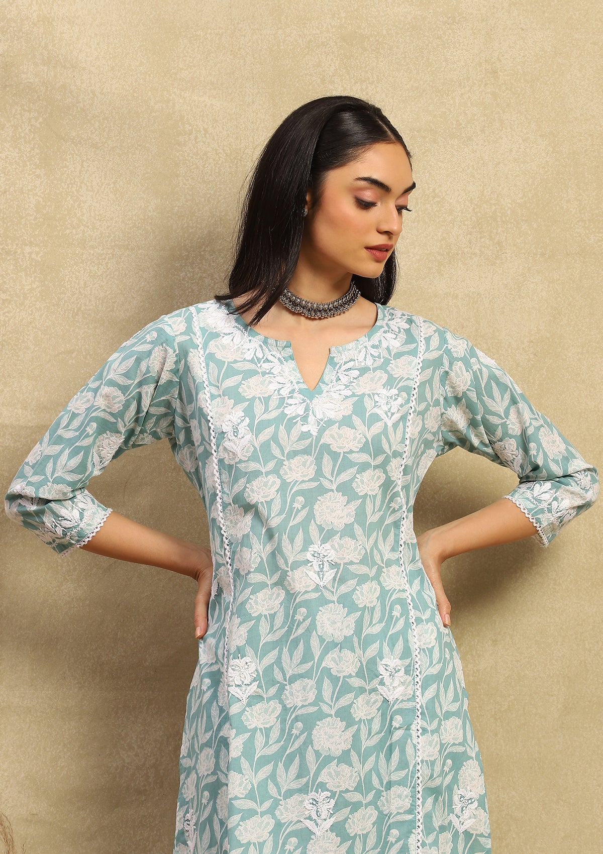 HOC Cotton Chikankari Printed Women's 2PC Long Kurta Set -  Teal Green - Healthber