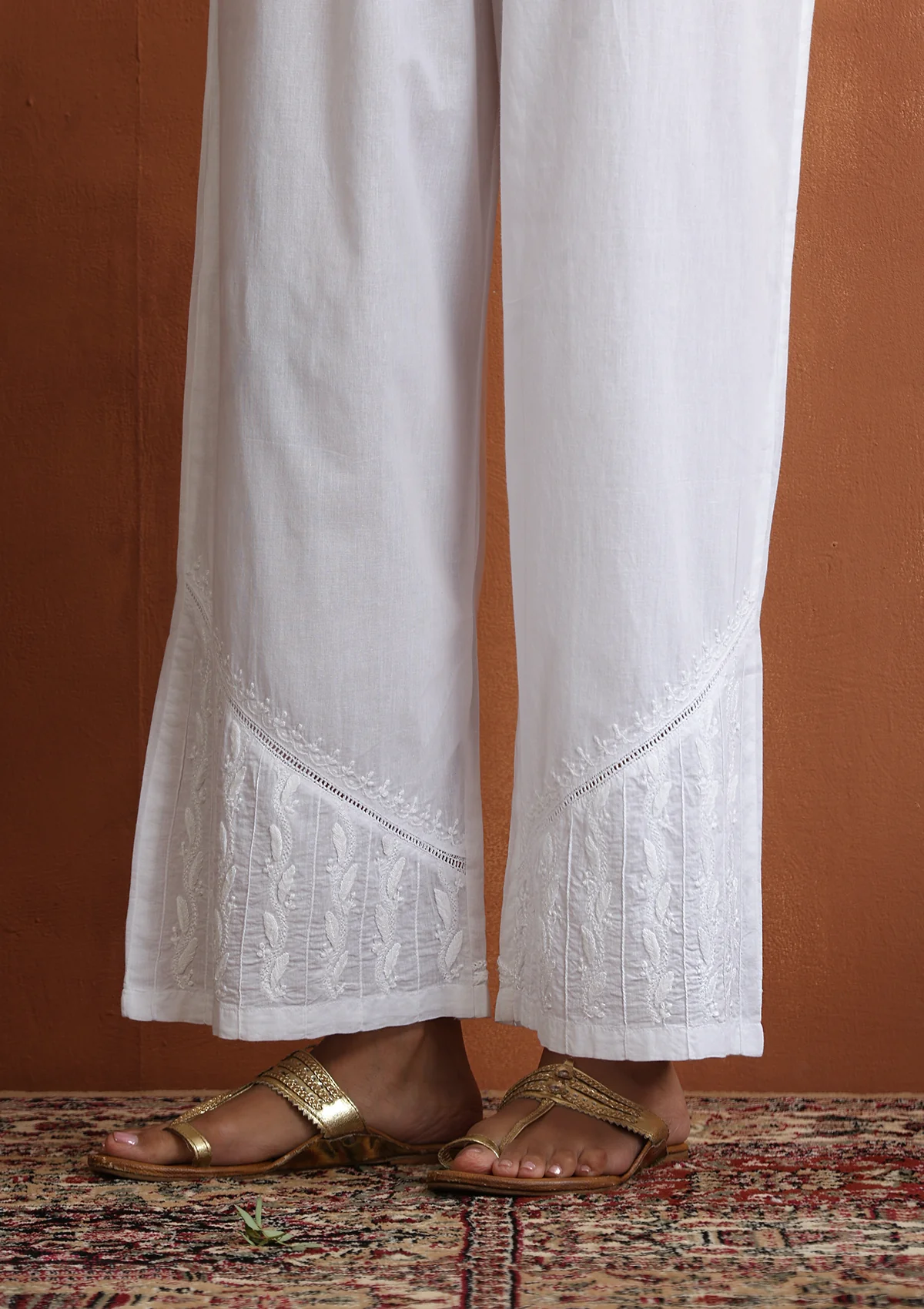 HOC Cotton Chikankari Solid Women's Palazzo With Lace - White - Healthber