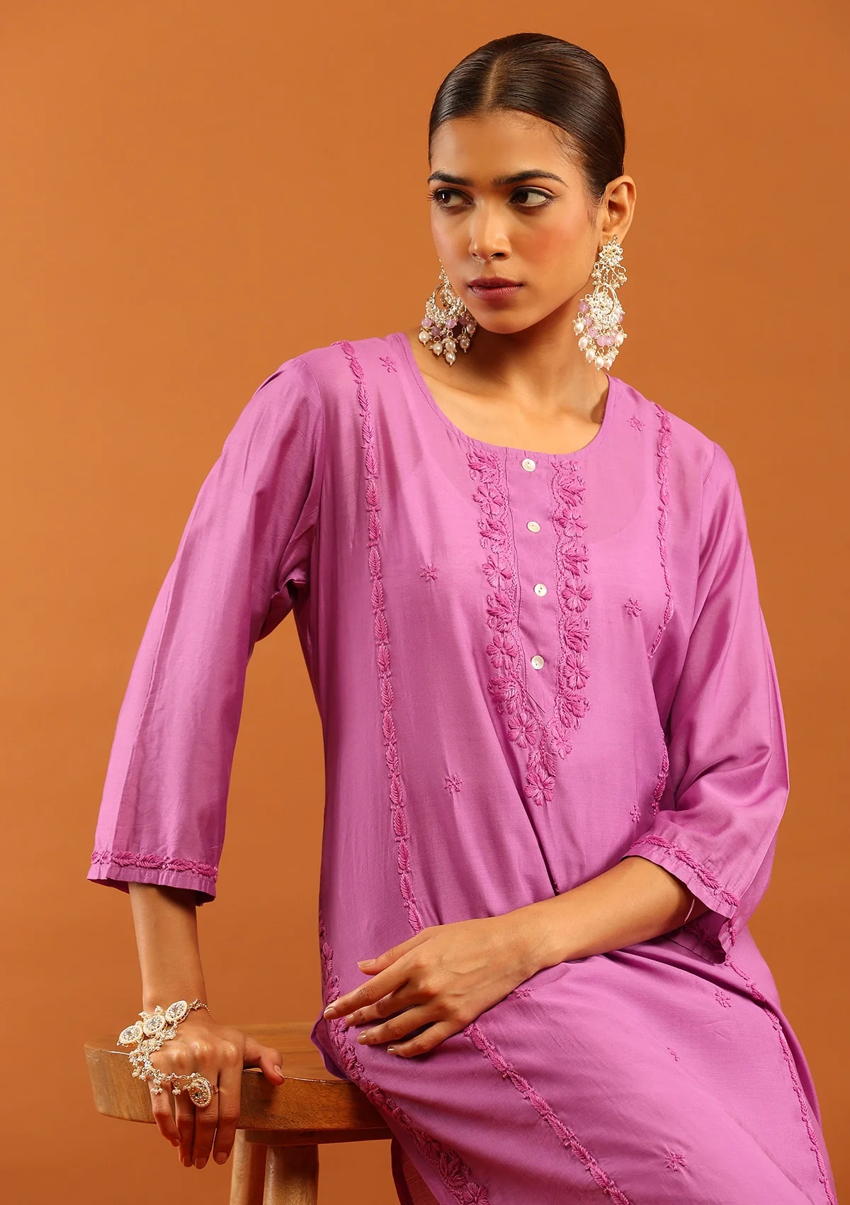 HOC Chanderi Chikankari Solid Women's 2 PC Long Kurta Set - Purple - Healthber