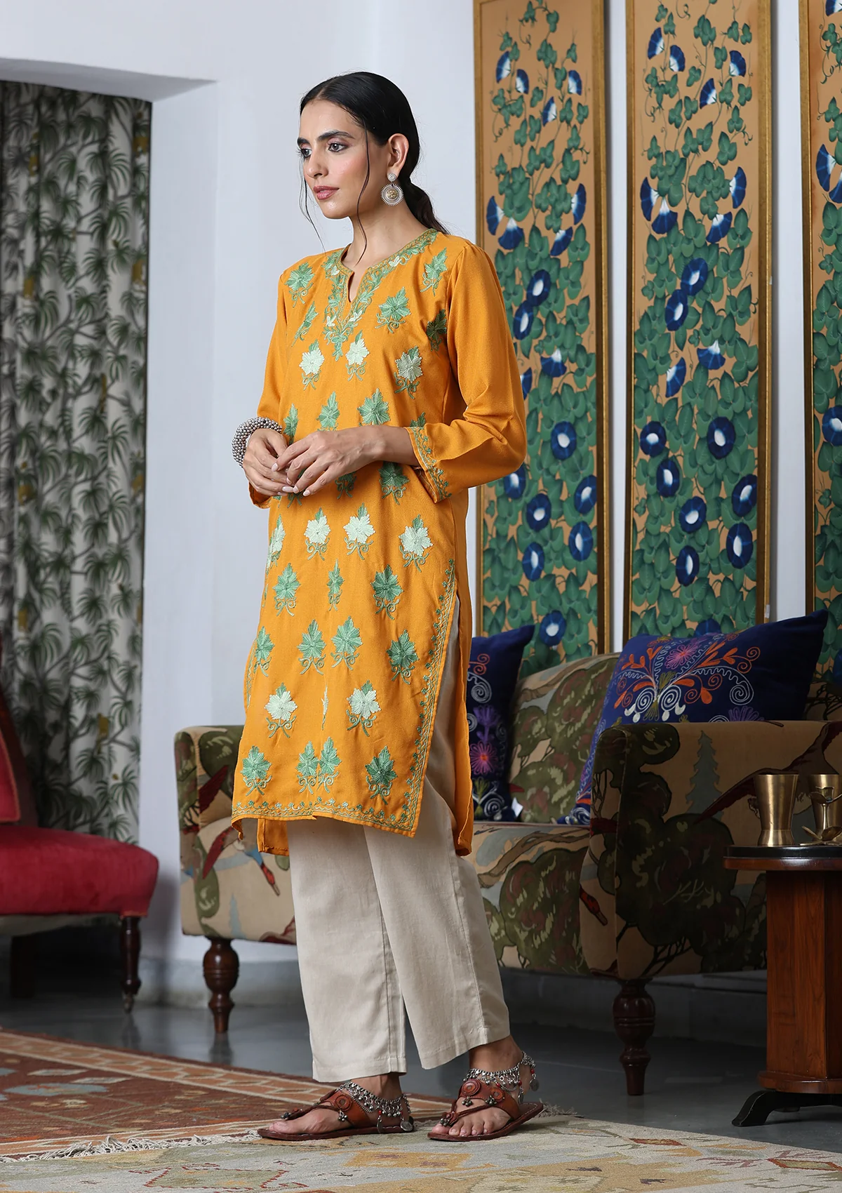 HOC Aari Embroidered Cotton Solid Women's Long Kurta - Yellow - Healthber