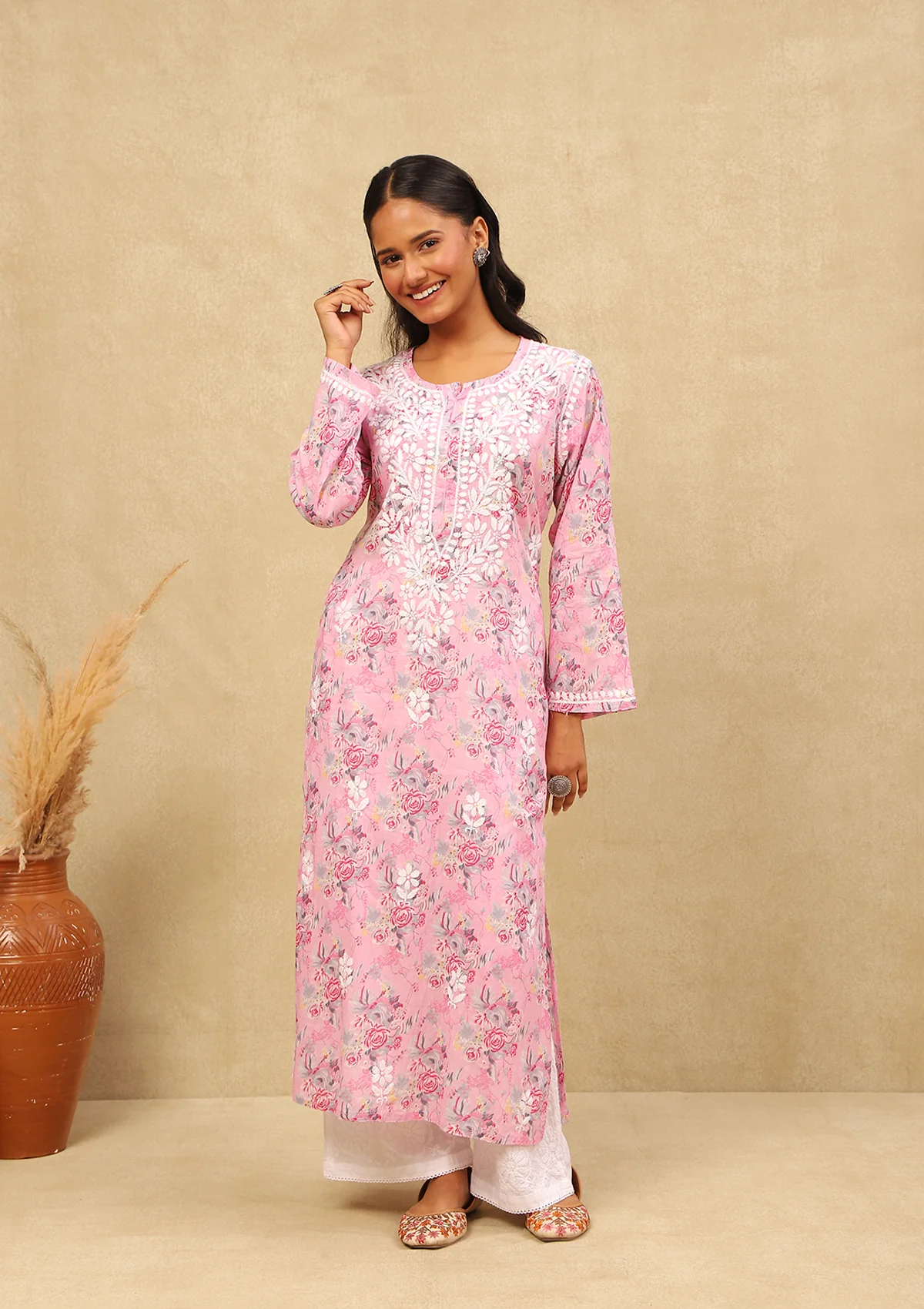 HOC Mulmul Chikankari Printed Women's Long Kurta -Pink - Healthber