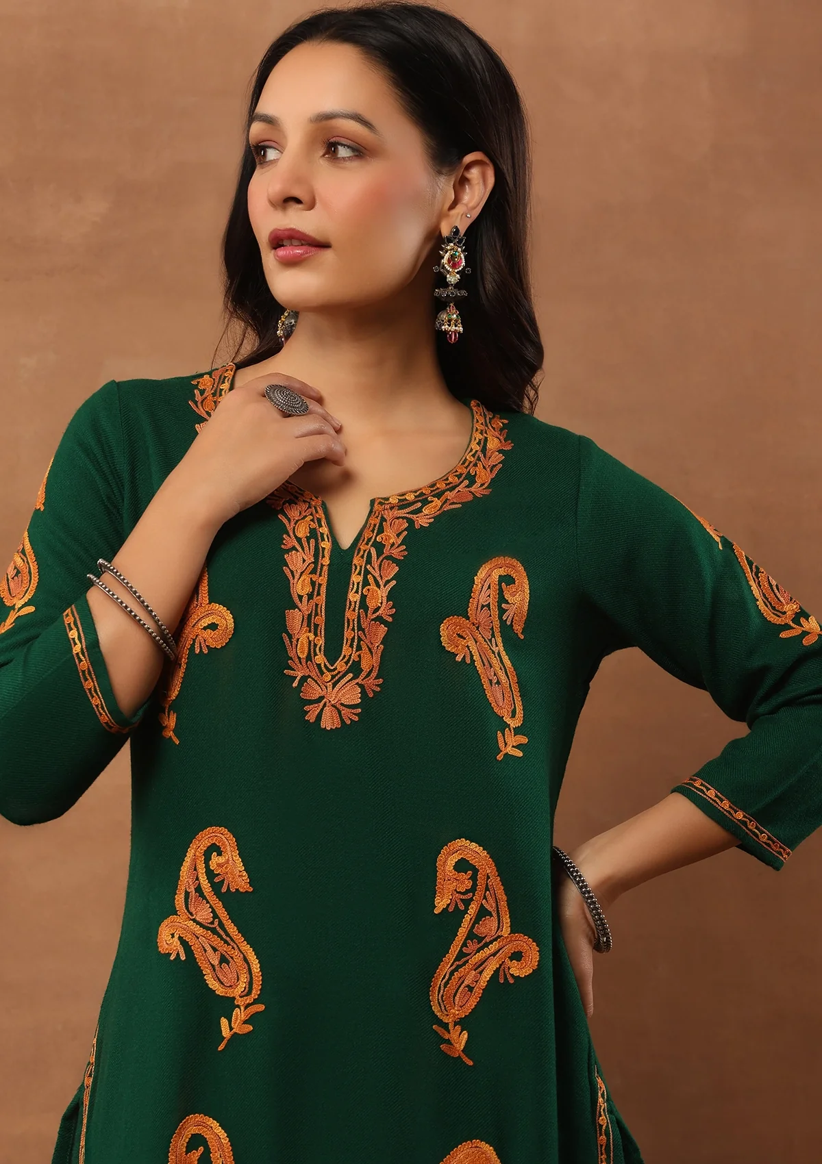 HOC Aari Embroidered Woollen Solid Women's Long Kurta - Green - Healthber