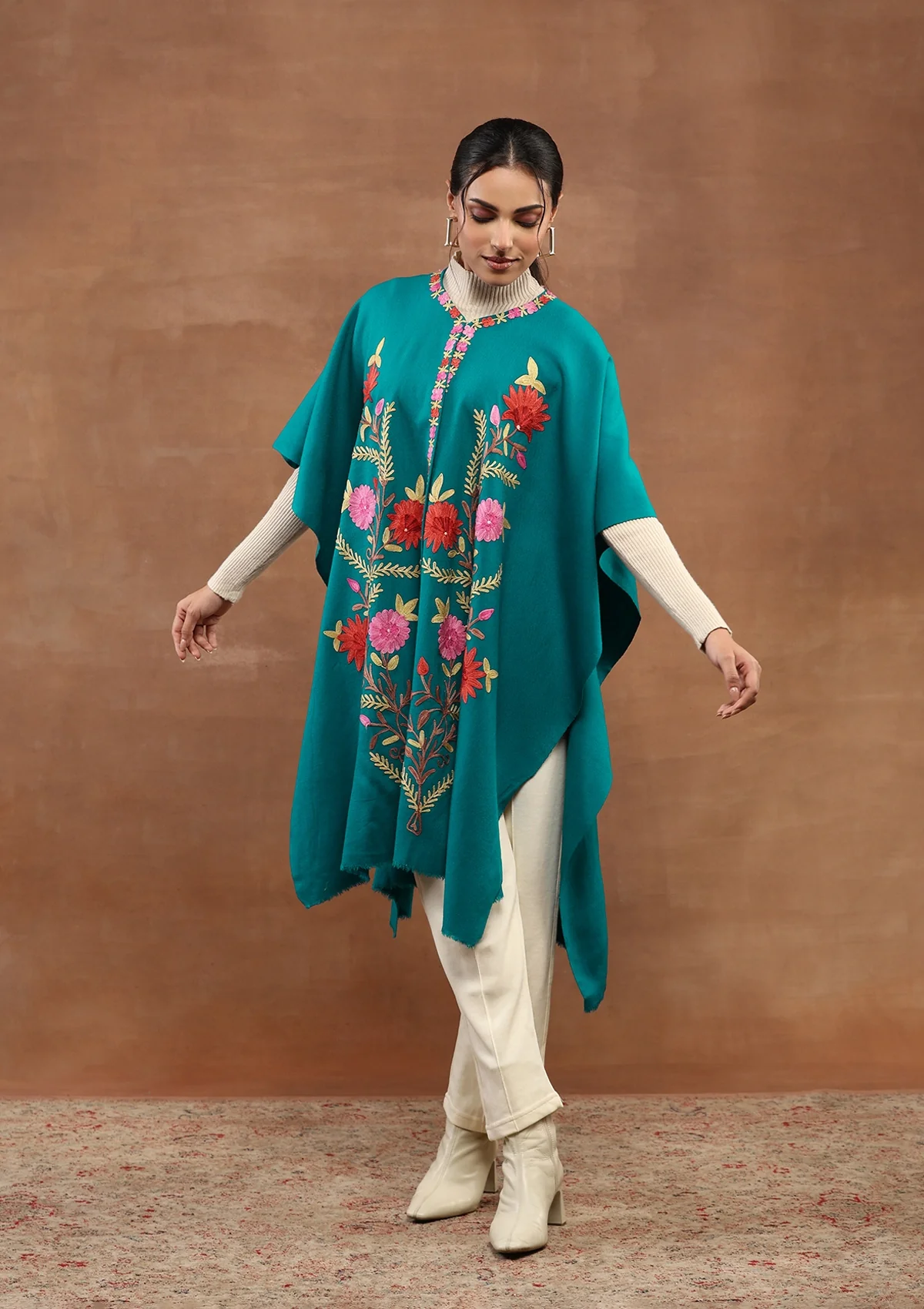 HOC Kashmiri Wool Aari Embroidered Solid Women's Cape -Teal Green - Healthber